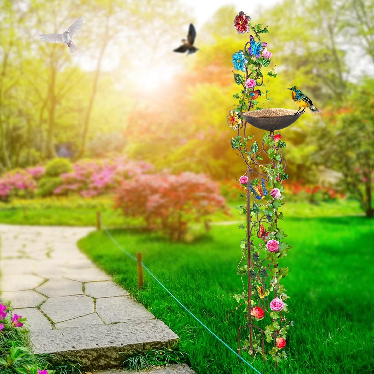 57” Bird Bath with Garden Trellis for Climbing Plants Outdoor, Small Decorative Metal Birdbath Bird Baths, Butterfly (Butterfly)