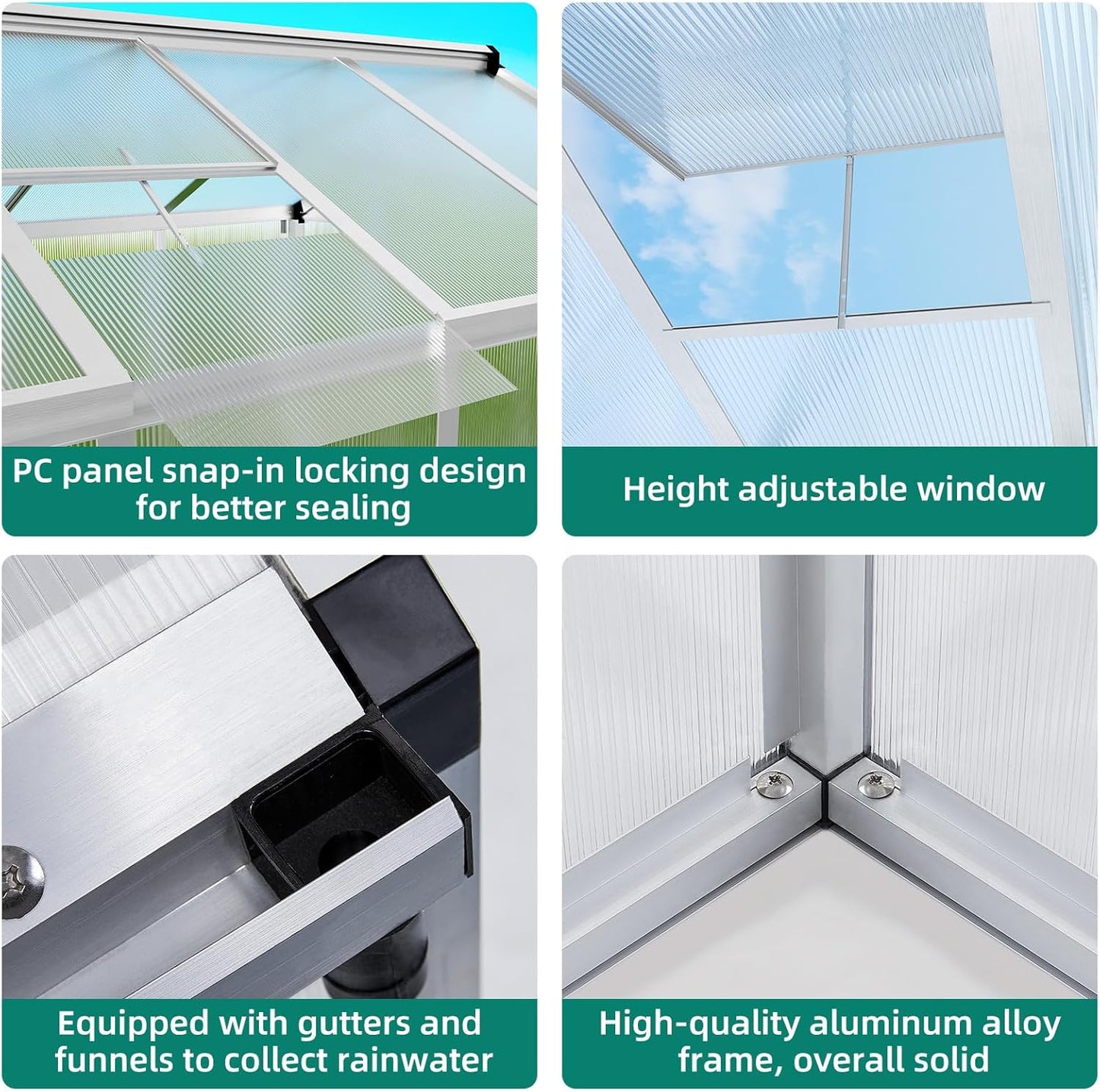 6x8 FT Greenhouse for Outdoors, Aluminum Greenhouse with Quick Setup Structure and Roof Vent, Polycarbonate Greenhouses Heavy Duty, Large Walk-in Green House for Winter Garden, Backyard, Patio, Lawn