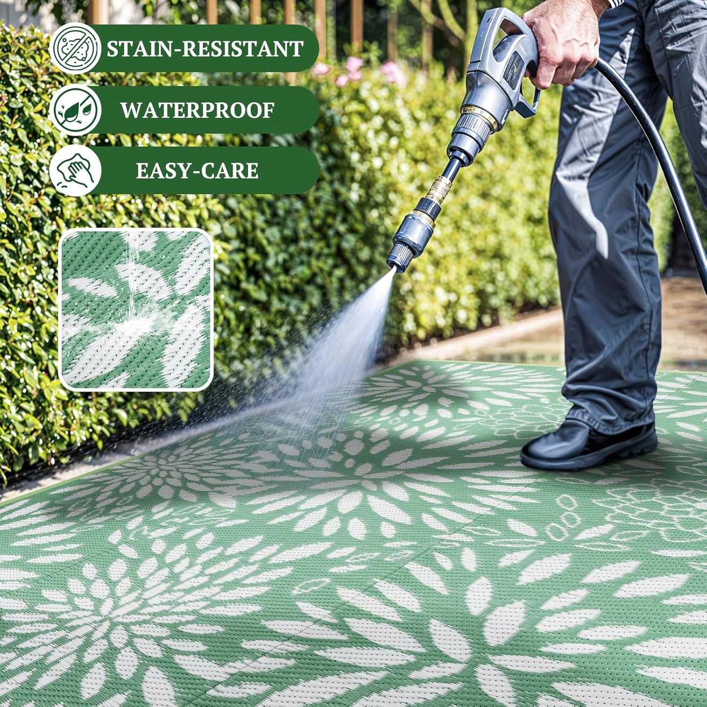 8'x10' Reversible Outdoor Rug - Eco-Friendly Plastic Straw Rug-Heavy-Duty Waterproof Mat, UV & Fade Resistant for Patio, Camping, RV, Deck, Balcony(8x10,Lake Blue&Floral)