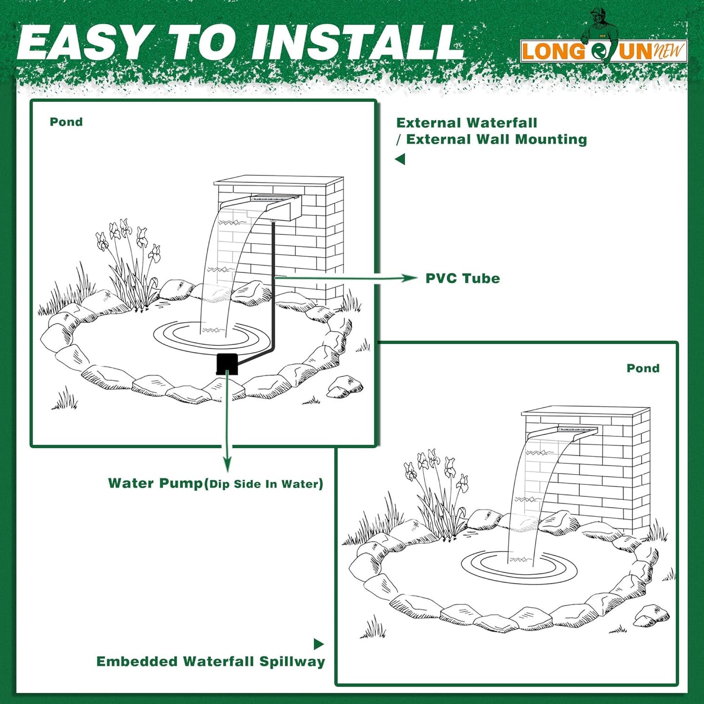 Waterfall Pool Fountain, LONGRUNNEW Stainless Steel Waterfall Spillway with Pipe Connector Kits for Outdoor/Indoor Decorative, 11.8 Inches Pool Water Feature for Garden Patio, Backyard Koi Pond Decor