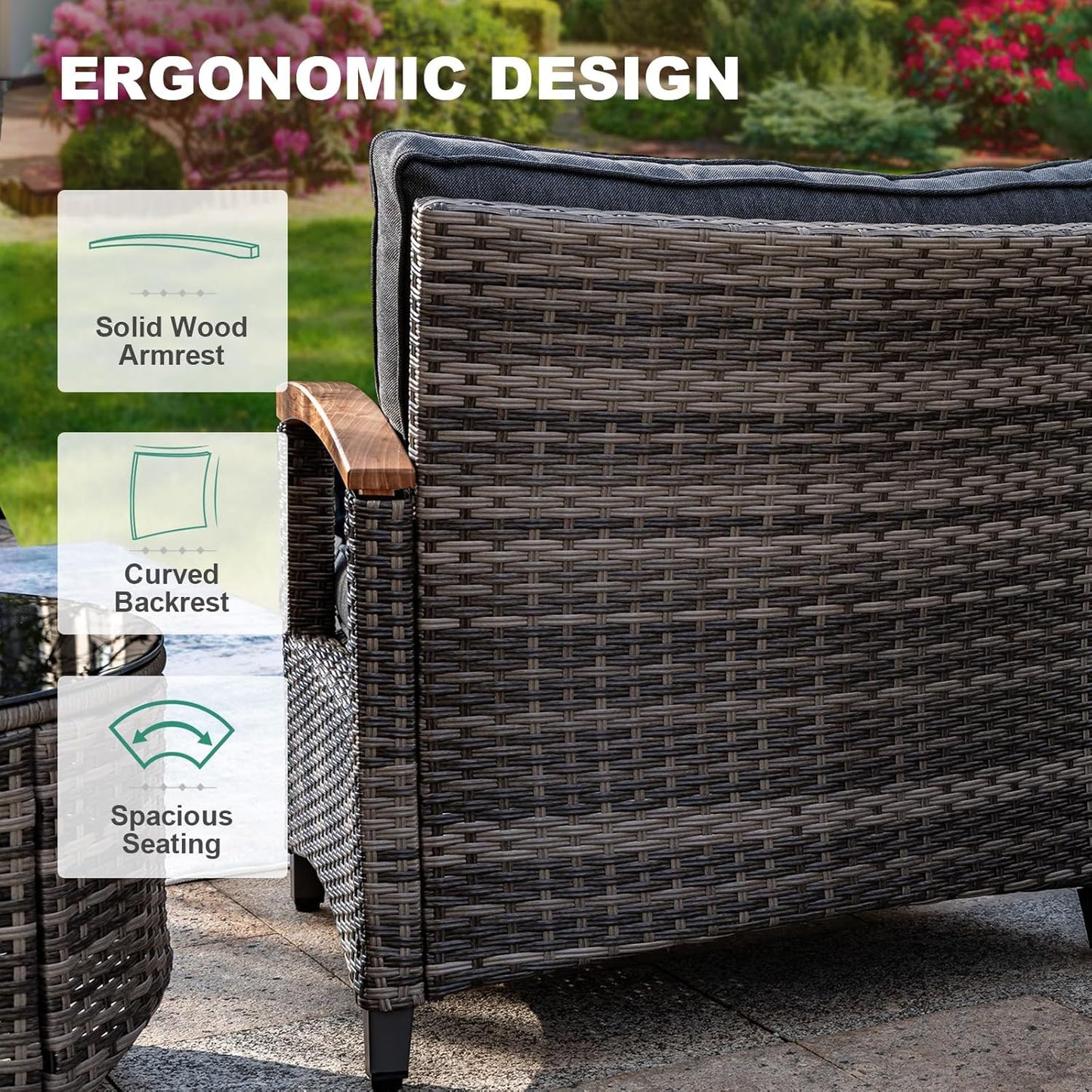 6 Piece Outdoor Patio Furniture Set, Half-Moon Curved Sectional Set with Wood Armrests, Patio Conversation Set, Tempered Glass Coffee & Side Tables (Grey)