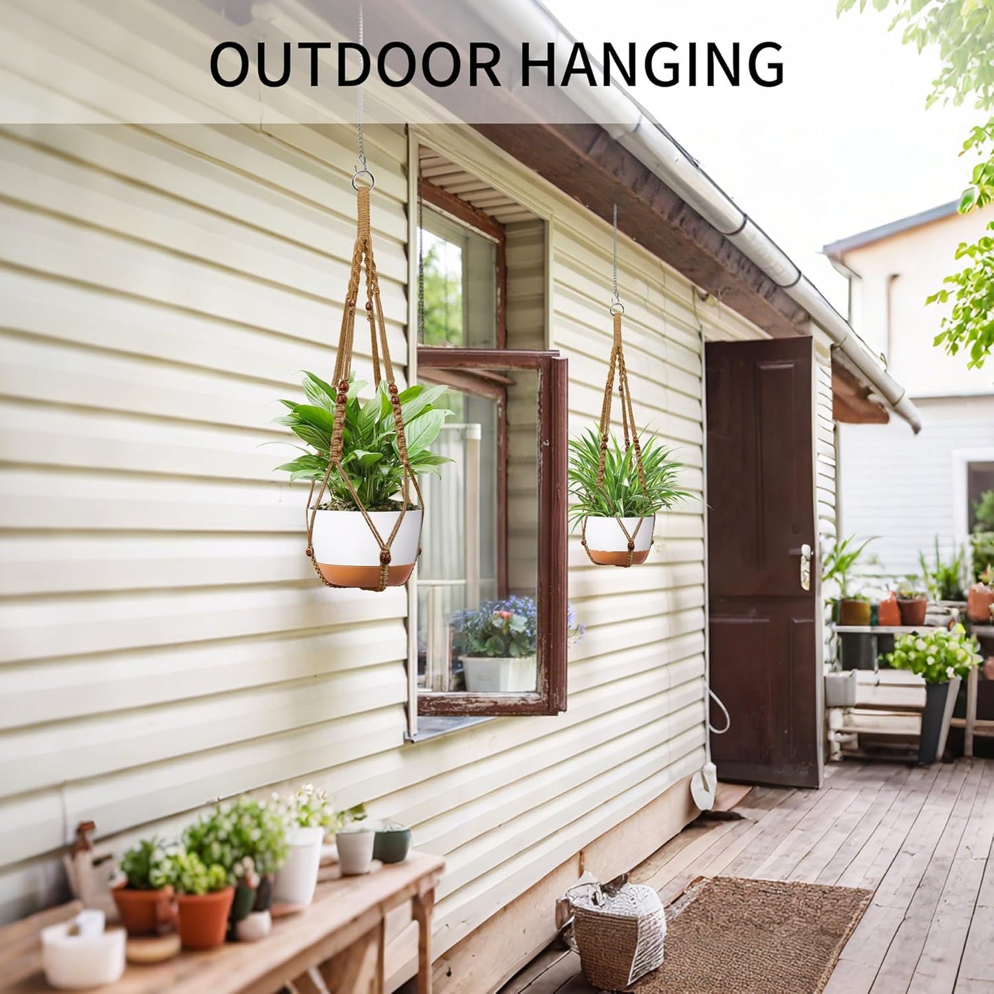 43 Inch Macrame Plant Hanger - Fits 6-15 Inch Pots, Extra Long Hanging Planter Holder for Indoor Outdoor, with Red Wood Beads, Boho Home Decor, 2 Pack, Brown (POTS NOT Included)