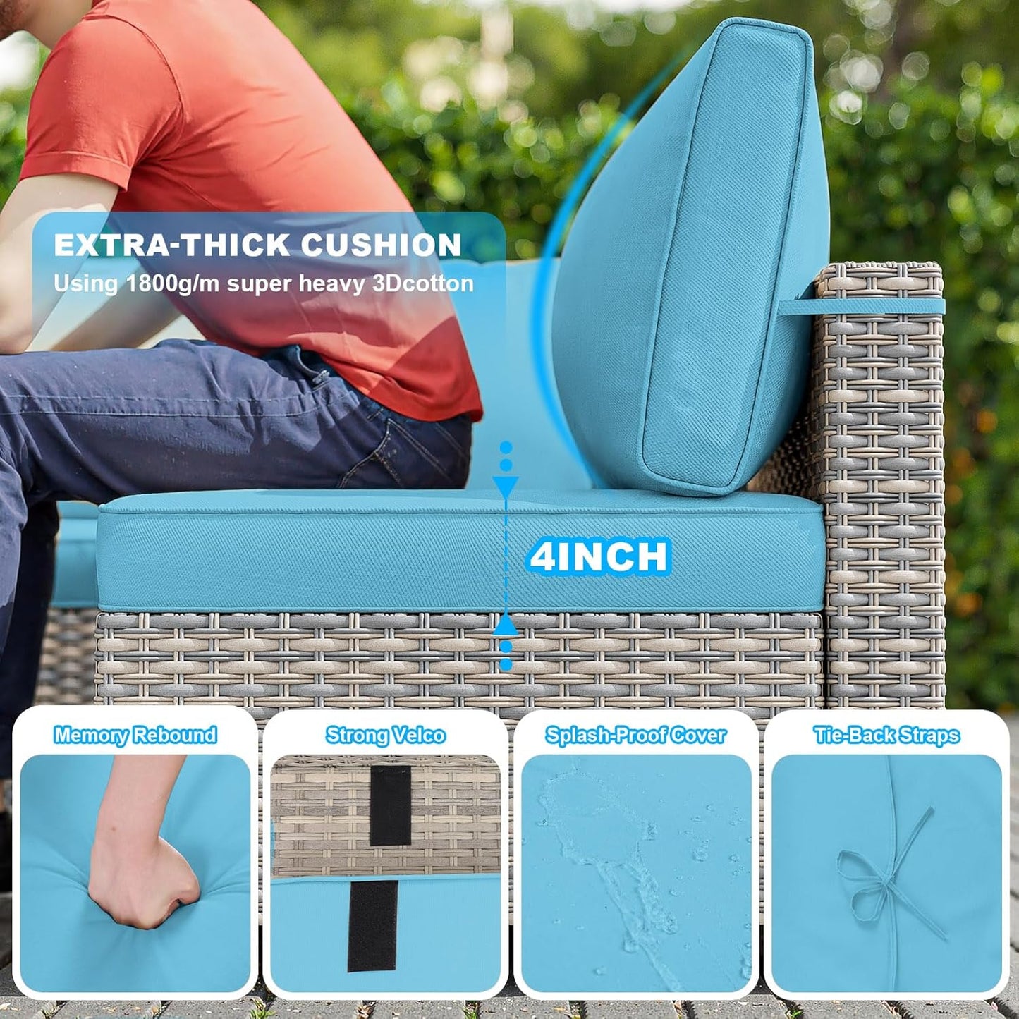 13-Piece Patio Furniture Set, Outdoor Patio Furniture with Swivel Chairs Set, Ottomans, 55,000 BTU Fire Pit Table, Modular Patio Sofa, Dual-Strand Wicker Rattan, Rust-Resistant Frame, Lake Blue