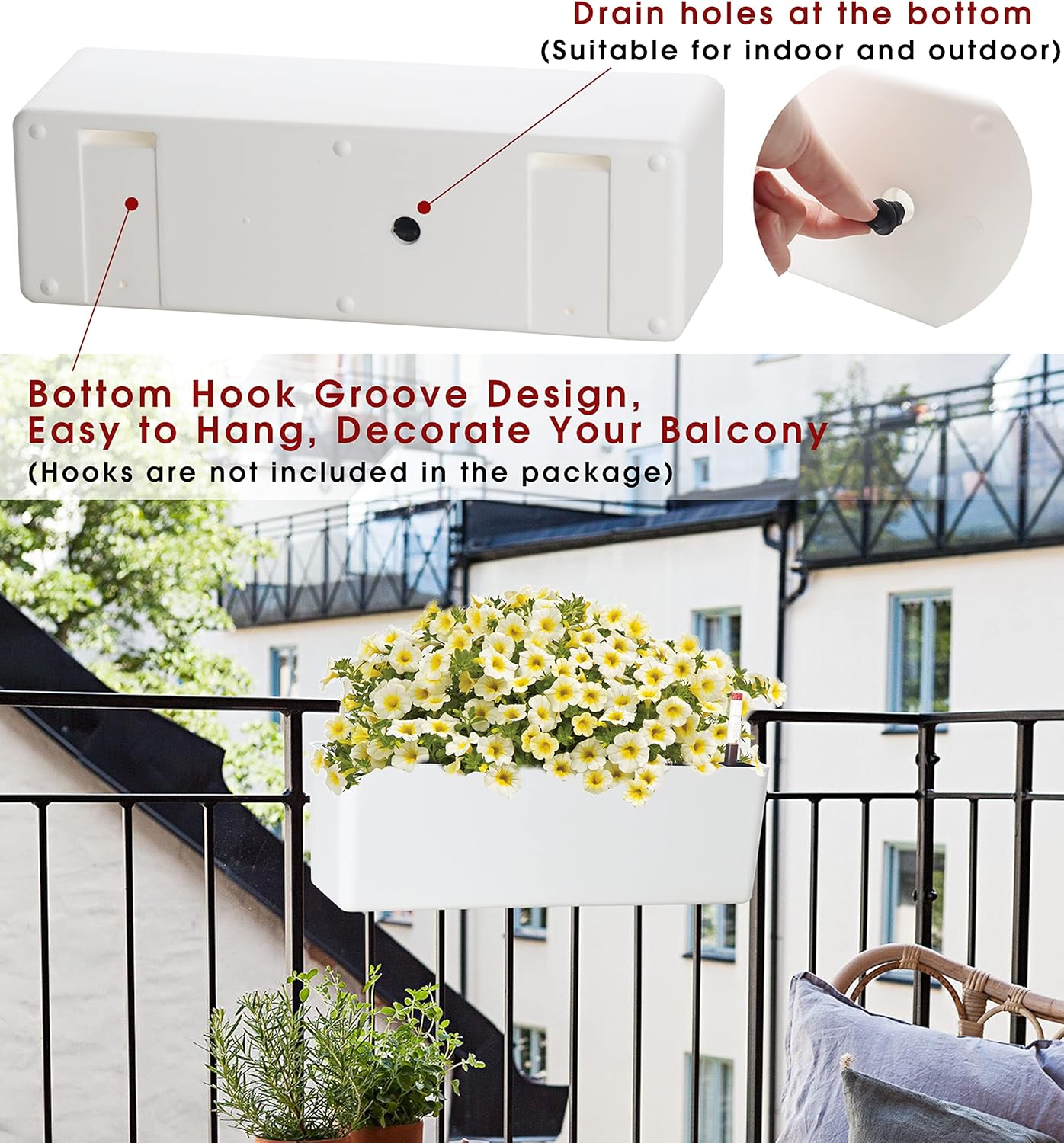 GardenBasix Elongated Self Watering Planter Pots Window Box 5.5 x 16 inch Indoor Home Garden Modern Decorative Planter Pot for All House Plants Flowers Herbs (White,1-Pack)