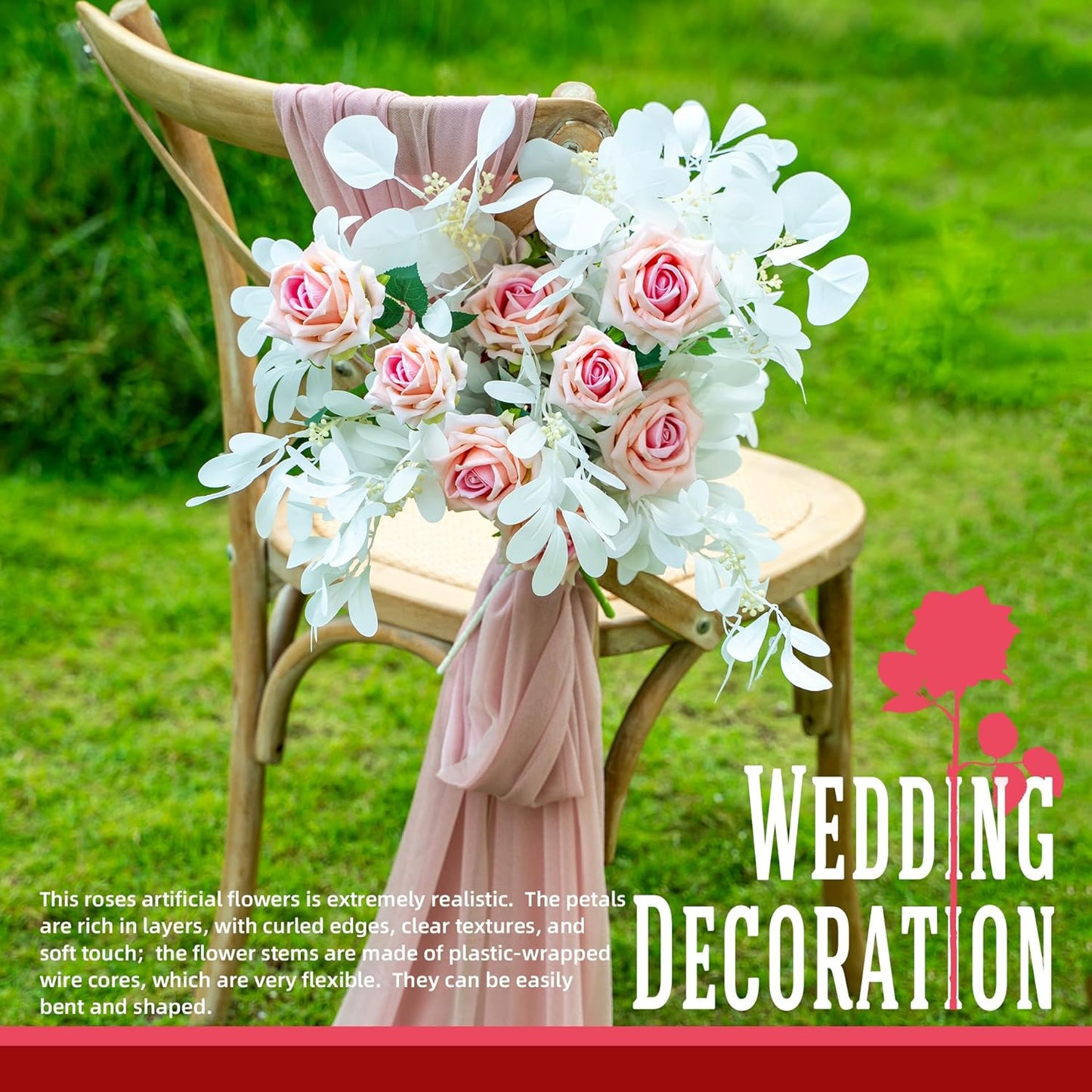 Fake Roses Faux Flowers Silk Roses Artificial Roses with Stems Realistic Artificial Flowers 16.5In Suitable for Indoor Home Decoration DIY Bouquet Wedding Decor Party Decor (12PCS, Pink)