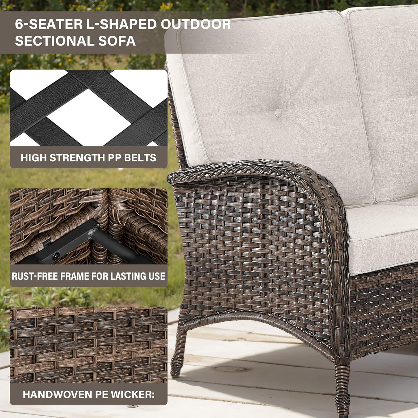 8 Pieces Patio Conversation Set with 43” Propane Fire Pit Table, Outdoor Sectional Furniture Sofa Set with Removable Cushions for Patio Deck Backyard Brown