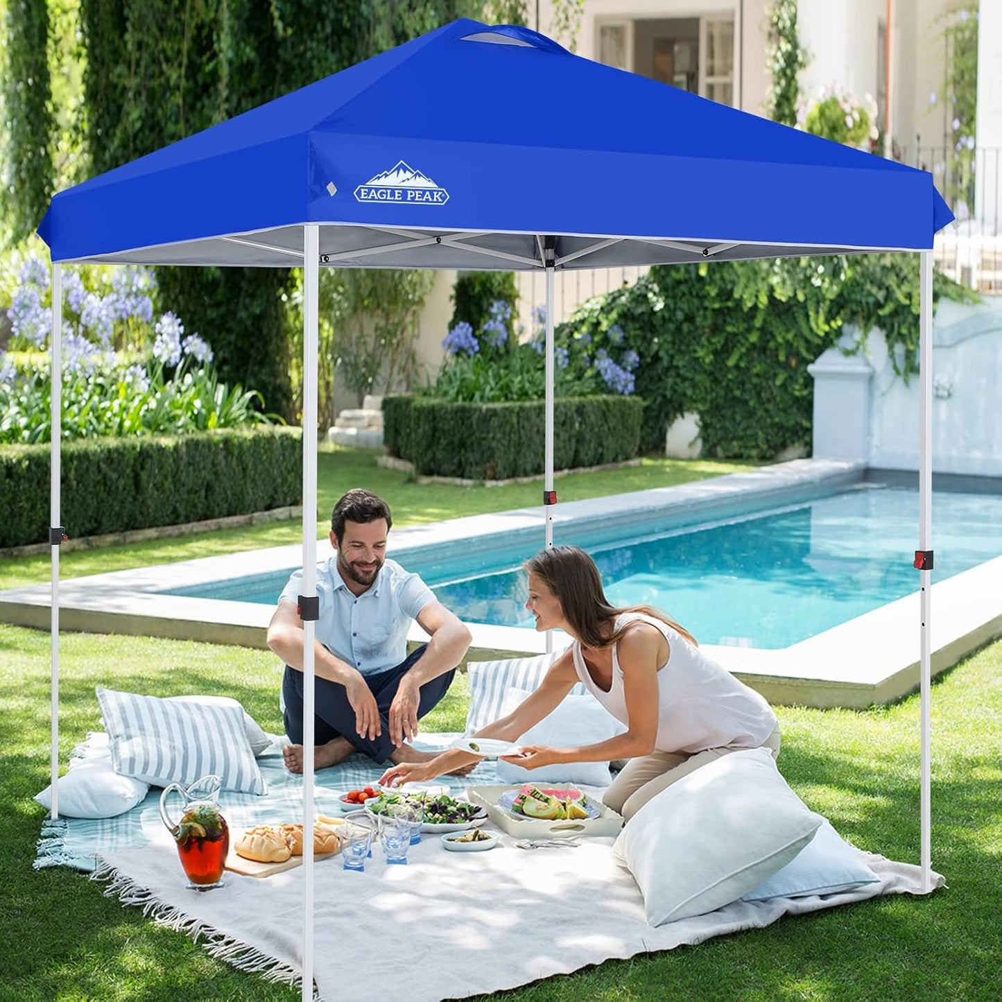 EAGLE PEAK Pop Up Canopy Tent with Wheeled Carry Bag, 8 Stakes, 4 Ropes, Easy Set Up Tent Canopy, 6.6x6.6 ft, Blue