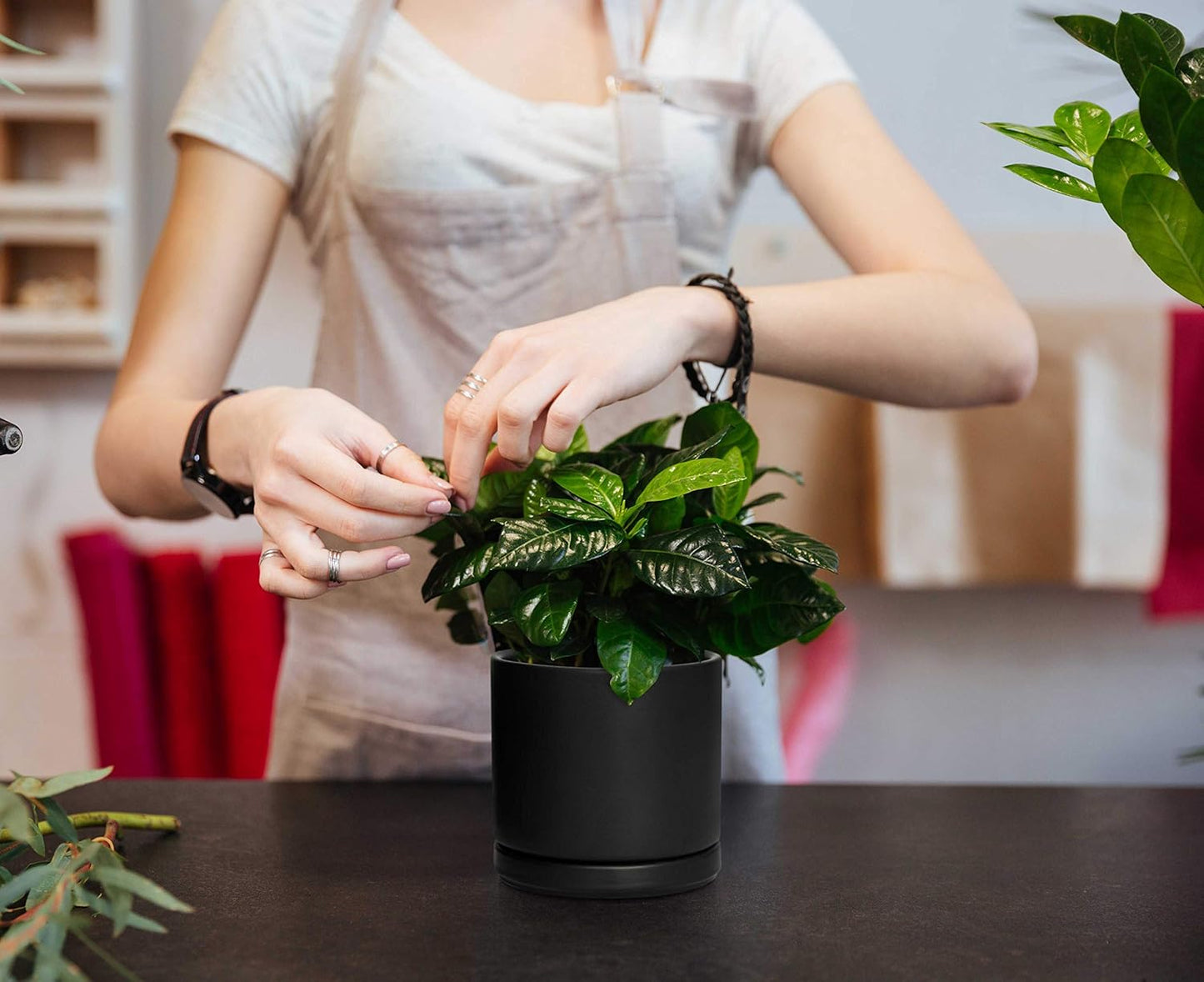 D'vine Dev Set of 4 Small Ceramic Plant Pots, 4.6 Inch Succulent Planter Pot for Plants with Drainage Hole and Saucer, Black, 94-X-B-2