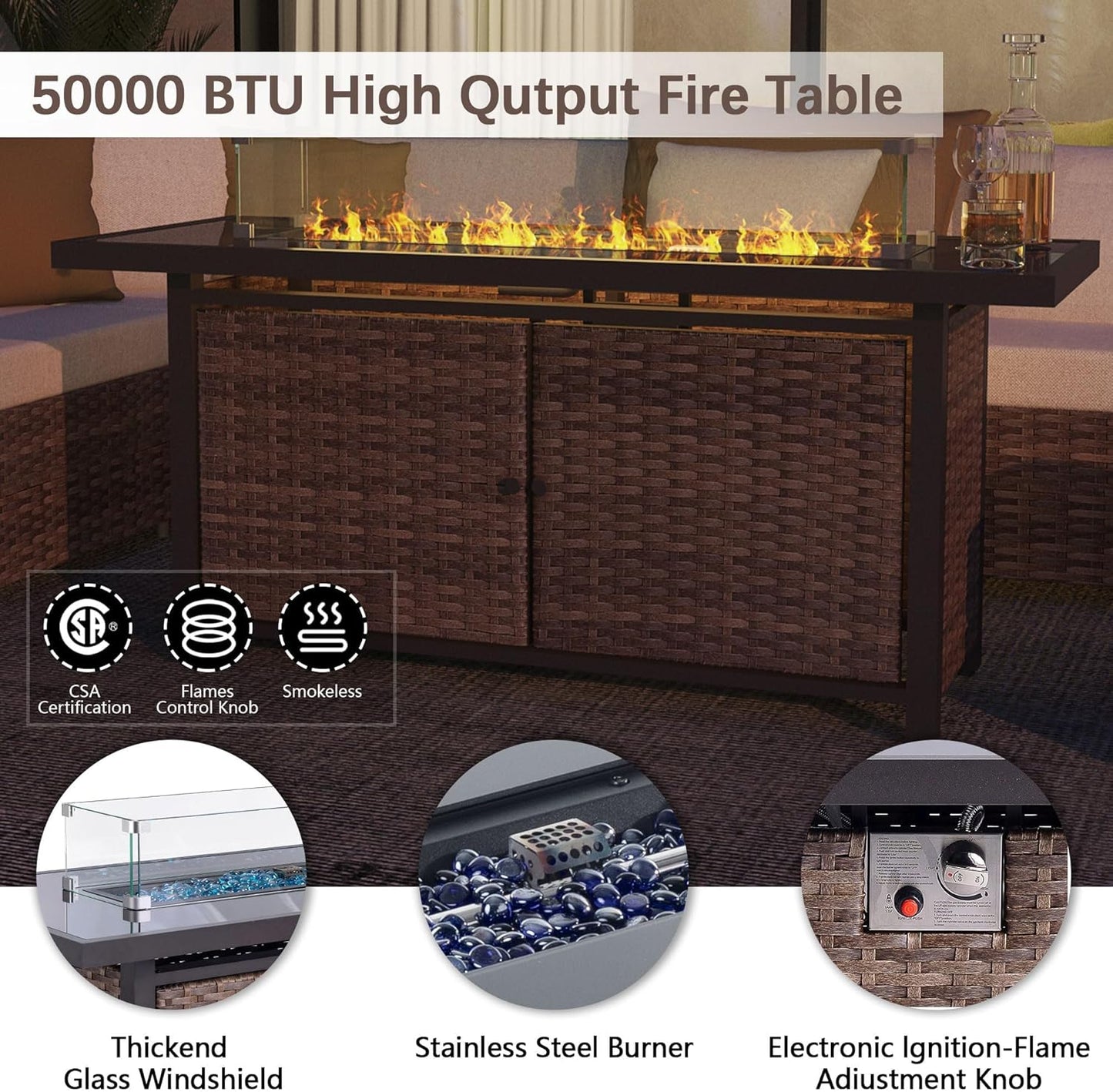 25-Pc Patio Furniture Set - 7 Piece Outdoor Rattan Sofa Set with 57" Fire Table and 17 Accessories, Modular Sofa Set for Garden/Poolside, Grey/Brown