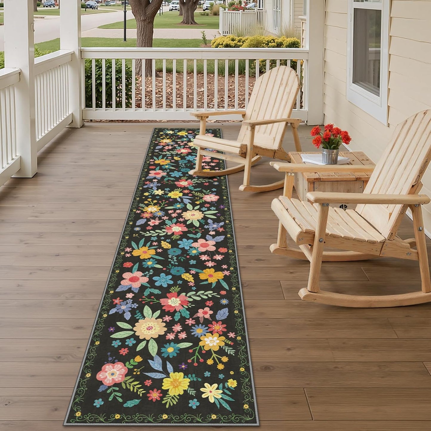 GENIMO Indoor Outdoor Area Rug 2' X 10' Waterproof, Washable Runner Rug Non Shedding, Easy Cleaning Floral Outdoor Carpet for Patio, Living Room, Bedroom, Entryway, Porch, Dining Room, Black