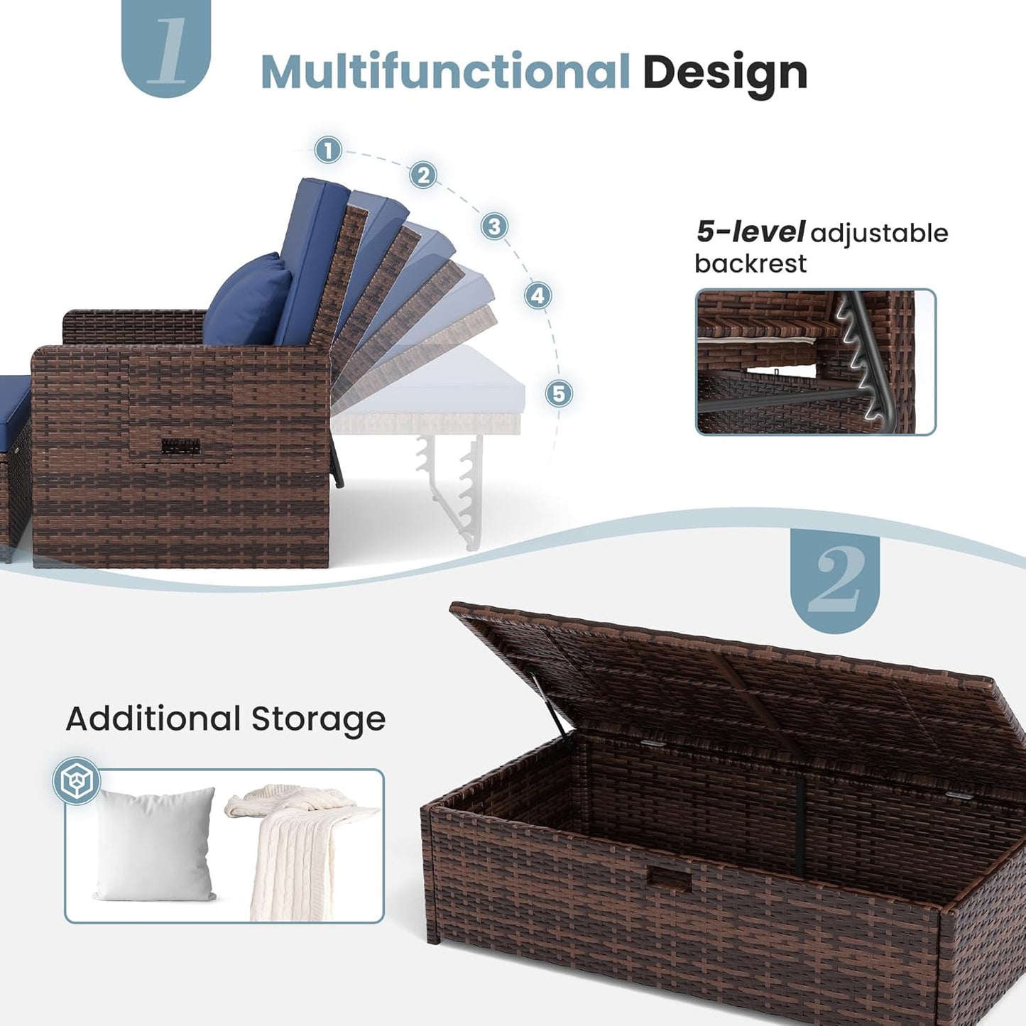 Amopatio Wicker Outdoor Daybed - Outdoor Loveseat with Storage Ottoman,4-Level Adjustable Backrest & Cushions, Patio Loveseat for Yard, Balcony, Porch, Garden, Poolside(Navy)