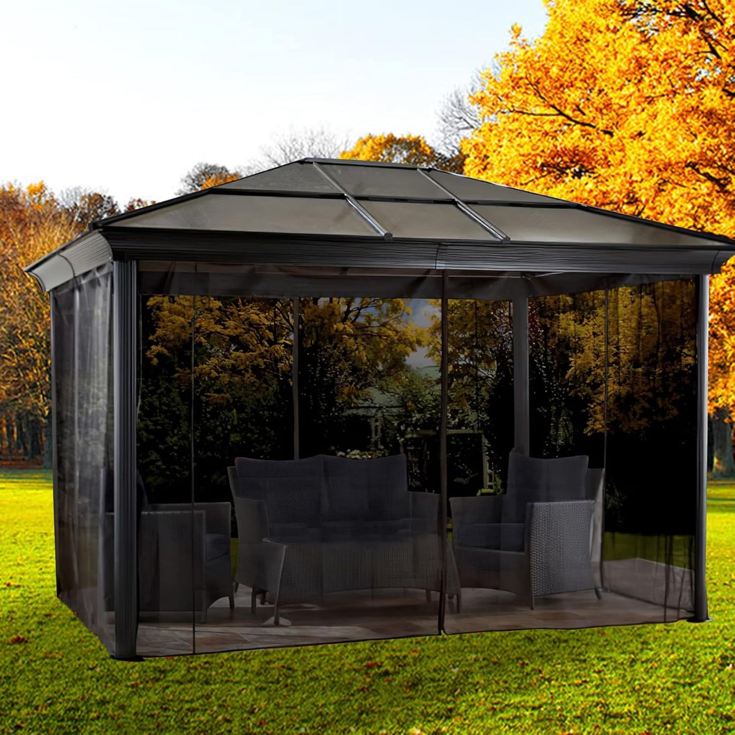 Gazebo Mosquito Netting Replacement 10' x 10' x 7'1'', Universal 4-Panel Screen Sidewall with Zipper, Black (Mosquito Net Only)