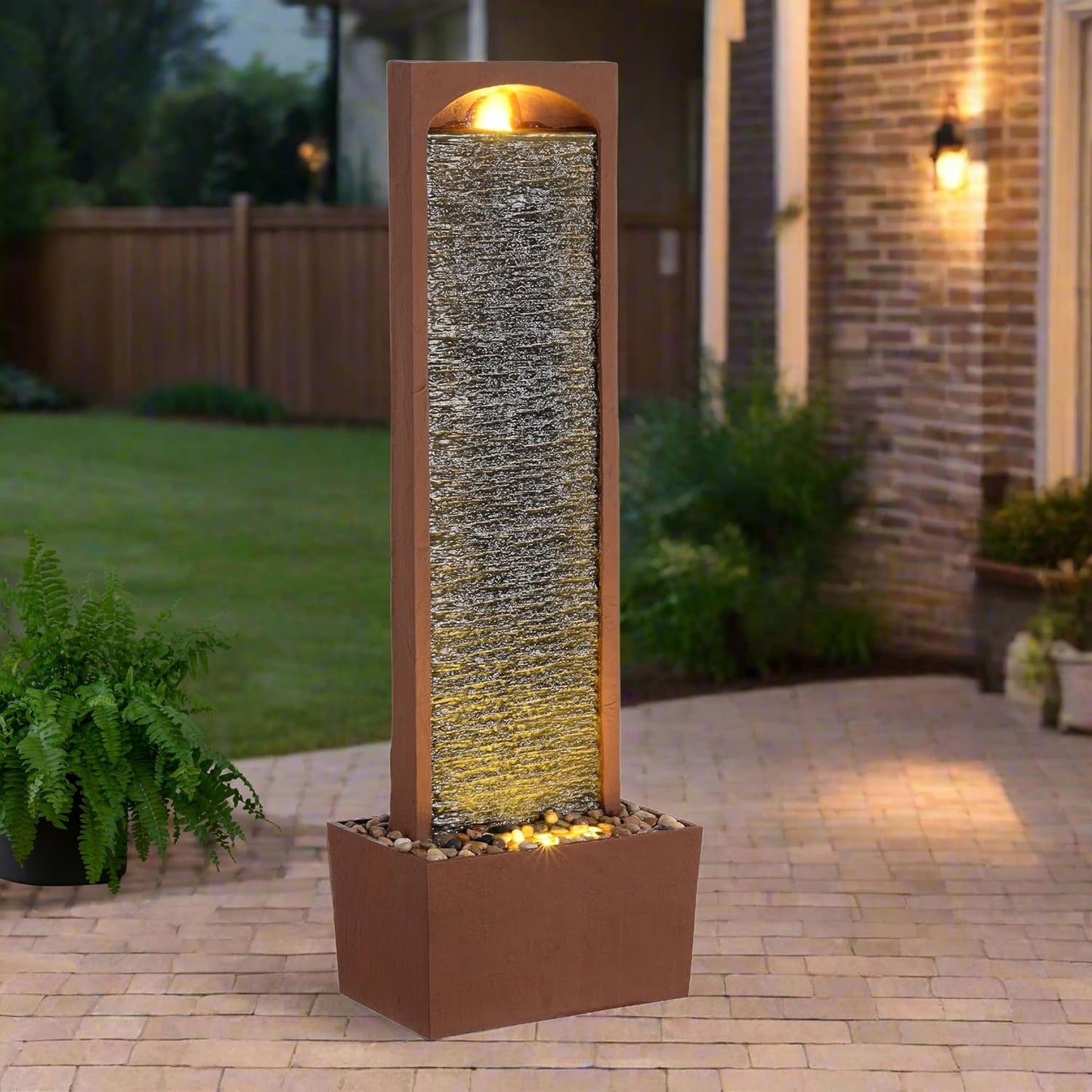 Teamson Home 38.5" Faux Slate Contemporary Outdoor LED Waterfall Fountain with Pebble Base, Red Rock
