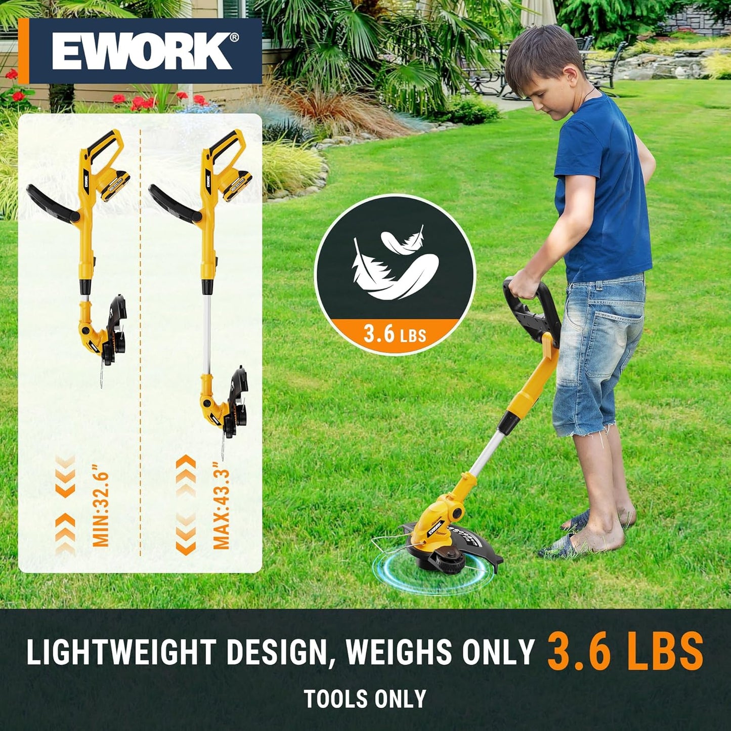EWORK 20V 12-Inch Electric String Trimmer Cordless, 2.0Ah Battery Powered Weed Eater, 2 in 1 Trimmer and Edger with Auto Line Feed, Electric Weed Wacker for Lawn, Garden, Yard, etc