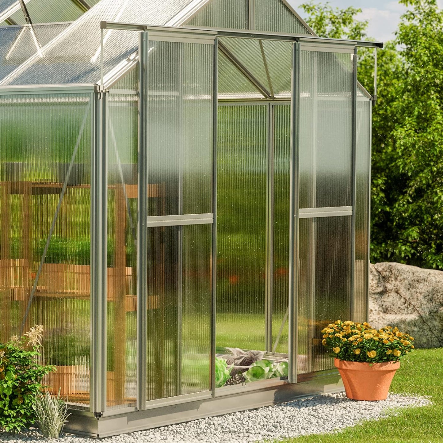 Greenhouse Saphir 6 Aluminum Frame 8.5 x 12.6 ft Approx. 6 mm Polycarbonate Panels - with Bonus Base Frame and Automatic Vent Opener