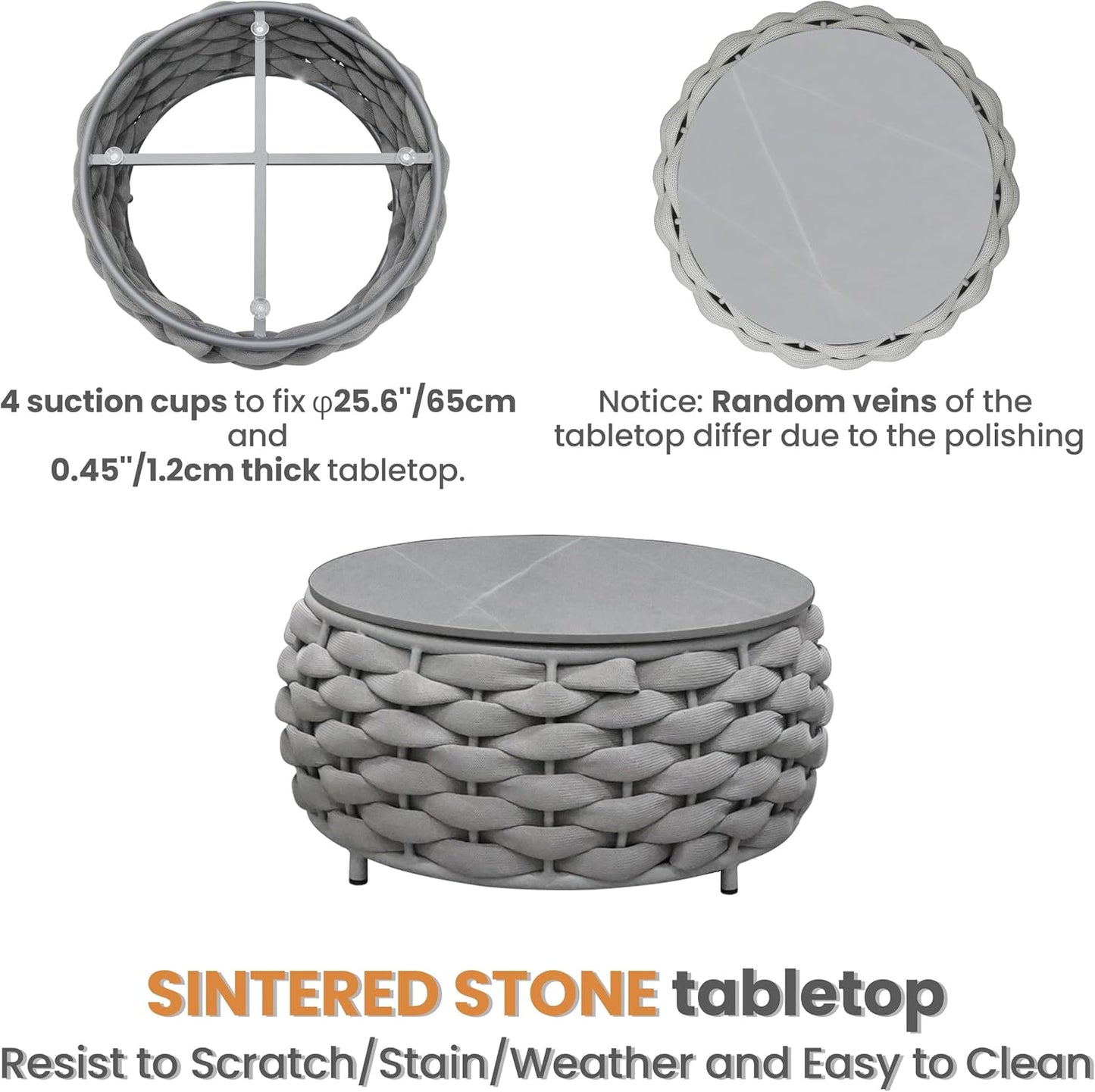 4 Pieces Courtyard Seating Set: Aluminum Woven Rope Patio Furniture Chair Set - All Weather Metal Outdoor Conversation Set - Assembled Armchair w/Table for Bistro Deck Porch Balcony Pool Hotel