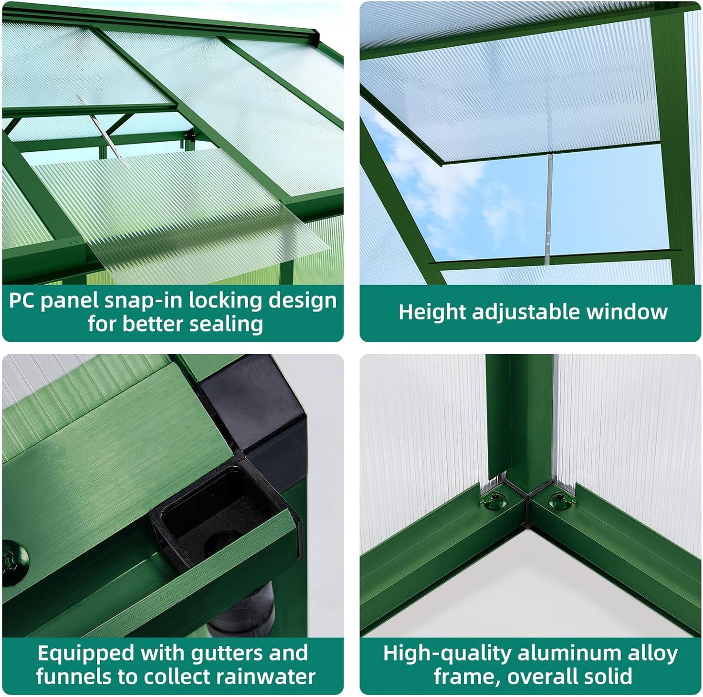 8x12 FT Greenhouse, Large Aluminum Greenhouses for Outdoors, Heavy Duty Polycarbonate Greenhouse with Roof Vent, Walk-in Green Houses for Winter Garden, Backyard, Patio, Lawn, Easy Assembly