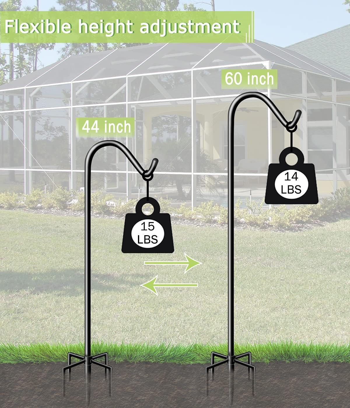 Garbuildman 60 Inch Tall Shepherd Hooks with 5-Forked Base, Adjustable Heavy Duty Bird Feeder Pole Stand Hanger for Outdoor, Shiny Black, 2 Pack