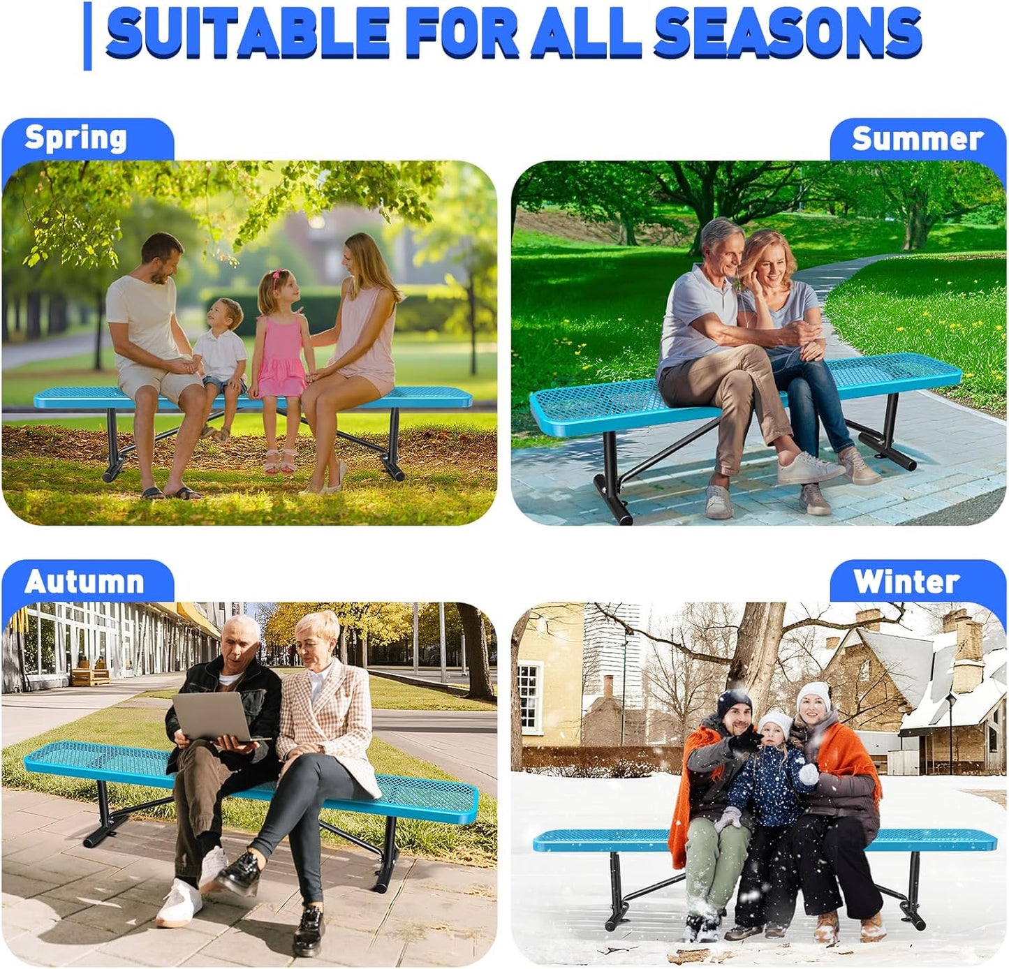 Heavy-Duty Park Bench or Table for Outside - Black Coated Outdoor Furniture Steel Bench, Commercial-Grade Outdoor Benches Weatherproof for Park, Patio, Porch (Blue, 8FT (Without Backrest))