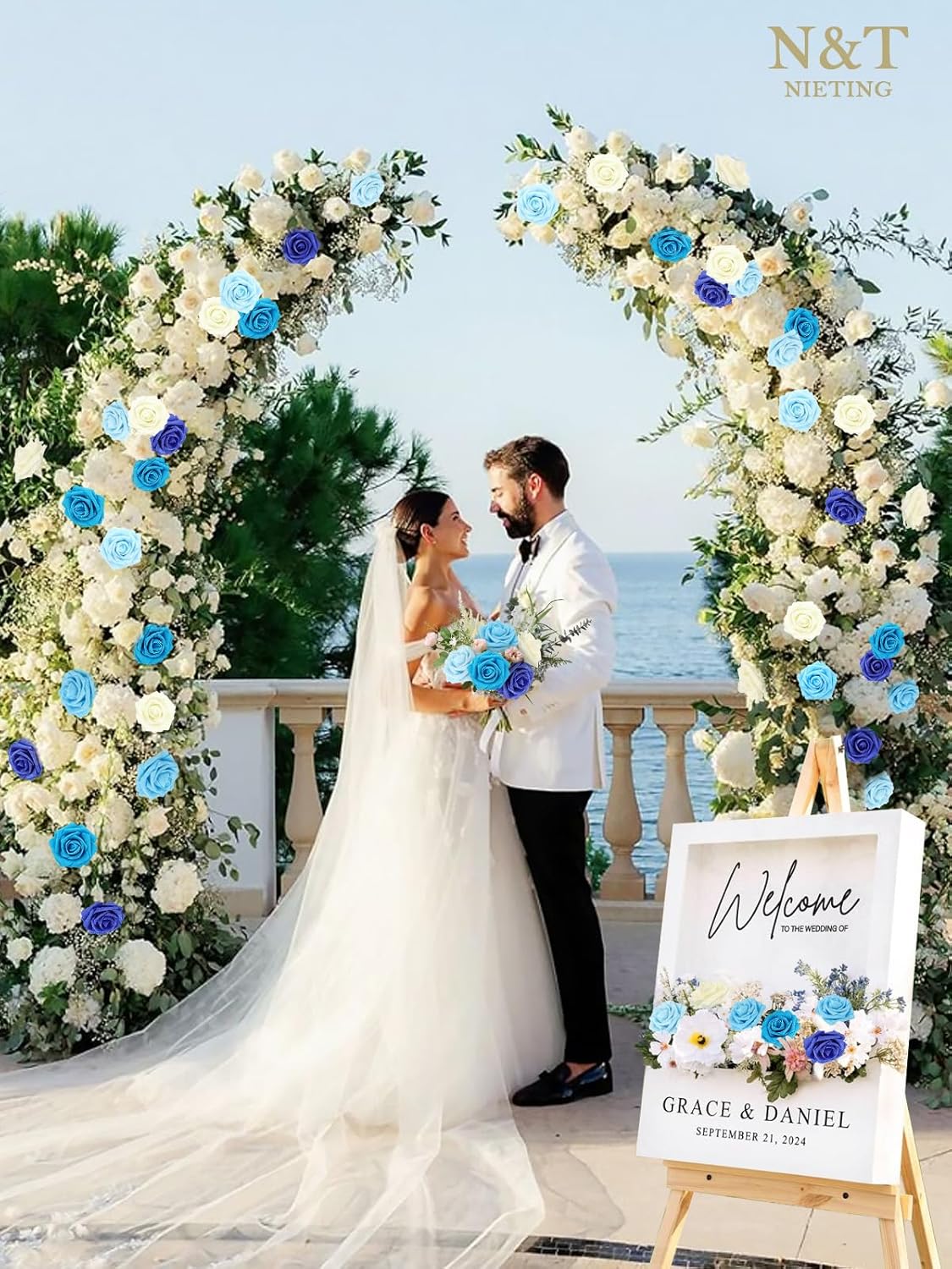 N&T NIETING Blue Roses Artificial Flowers, 50pcs Fake Flowers Rose Perfect for DIY Wedding Bridesmaid Bridal Bouquets Centerpieces Home Flower Arrangement Decoration, Series Blue