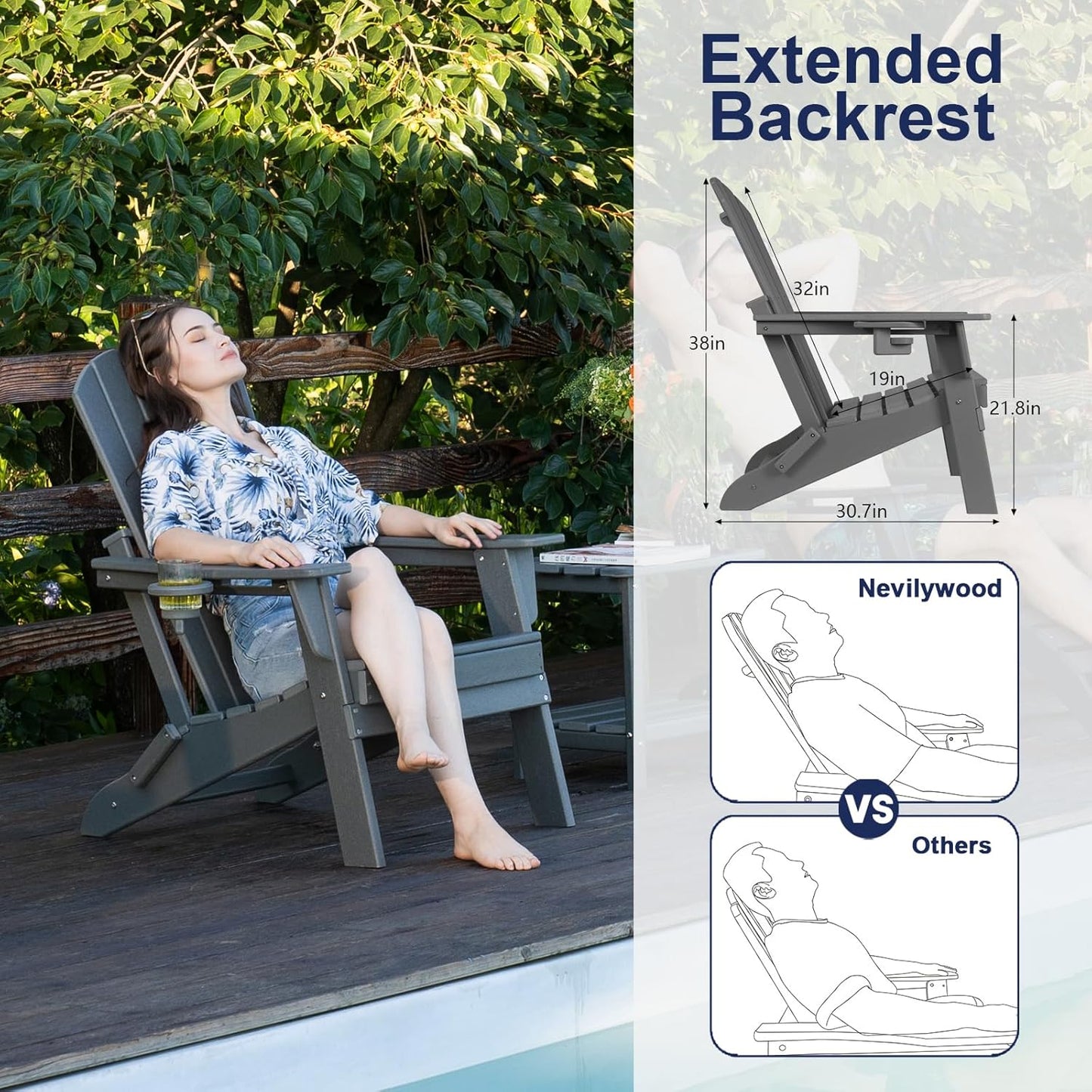 Folding Adirondack Chair - Extended Ergonomic Backrest, Cup Holder - Easy Assembly - Durable HDPE Plastic, Weather Resistant & Maintenance-Free - Lawn, Patio, Deck Supports 400lbs Grey