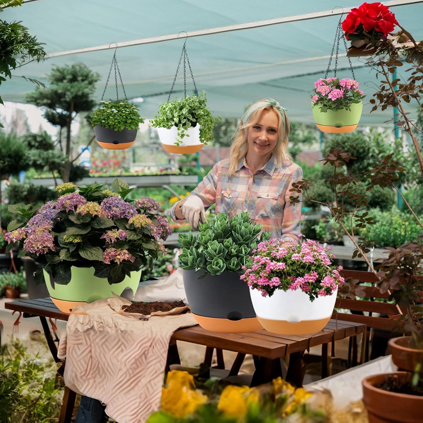 8/10/12 inch Hanging Planters for Indoor Outdoor Plants with Self-Watering Pots, 3 Pack Plastic Hanging Basket with Removable Tray for Home Garden Porch Balcony Patio Decor(White+Black+Green)