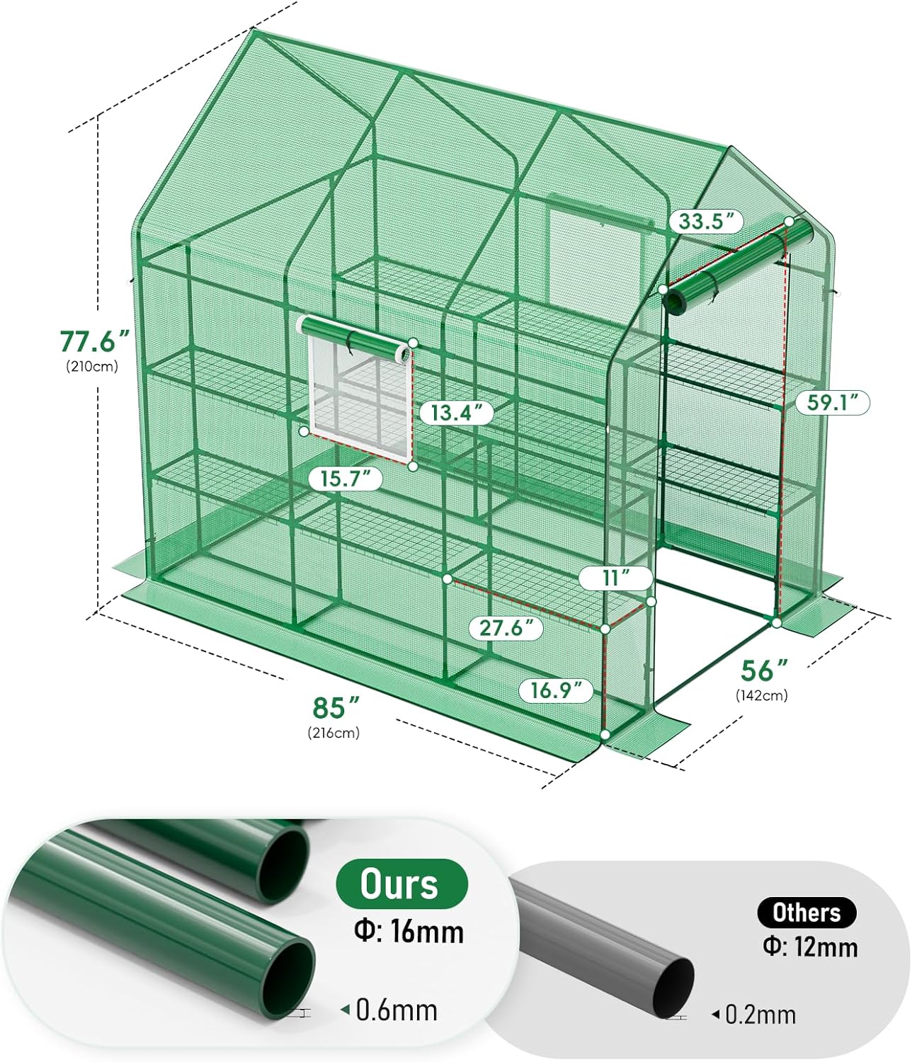 56×85×77Inch Walk-in Greenhouse, Heavy Duty Small Plant House with Thicken PE Cover and Steel Frame, for Garden, Outdoors, Indoors, Green