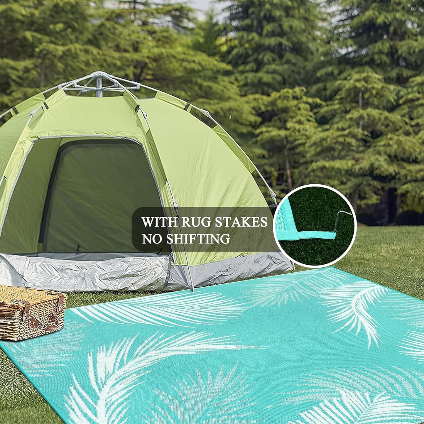 Pauwer Waterproof Outdoor Rug 6x9, Reversible Plastic Straw Patio Camping Rug, Indoor Outdoor RV Mat Carpet for Deck, Camper, Porch, Balcony, Backyard, Picnic, Leaf Light Blue