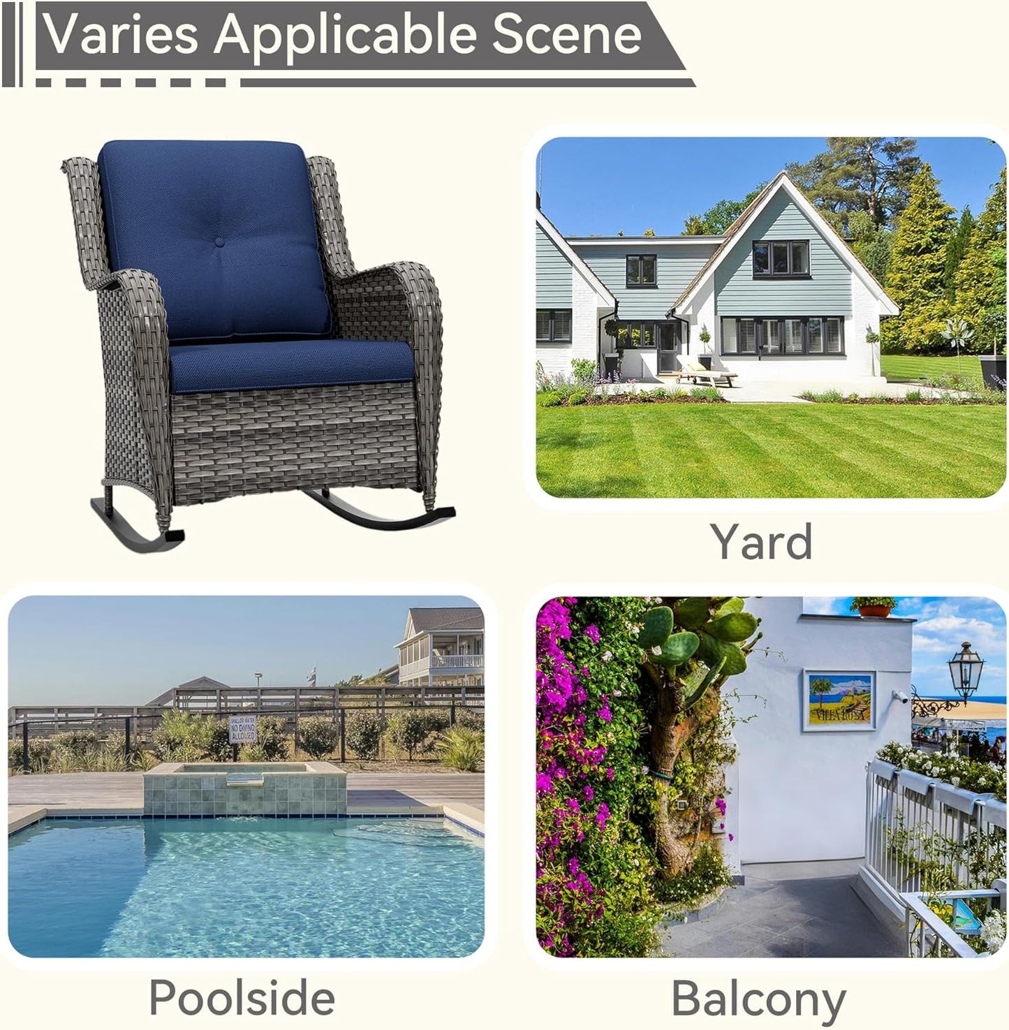 1 PC Outdoor Rocking Chair, Wicker Patio Rocker Chair for Yard, Porch, Mixed Brown Grey Rattan, Blue Cushions