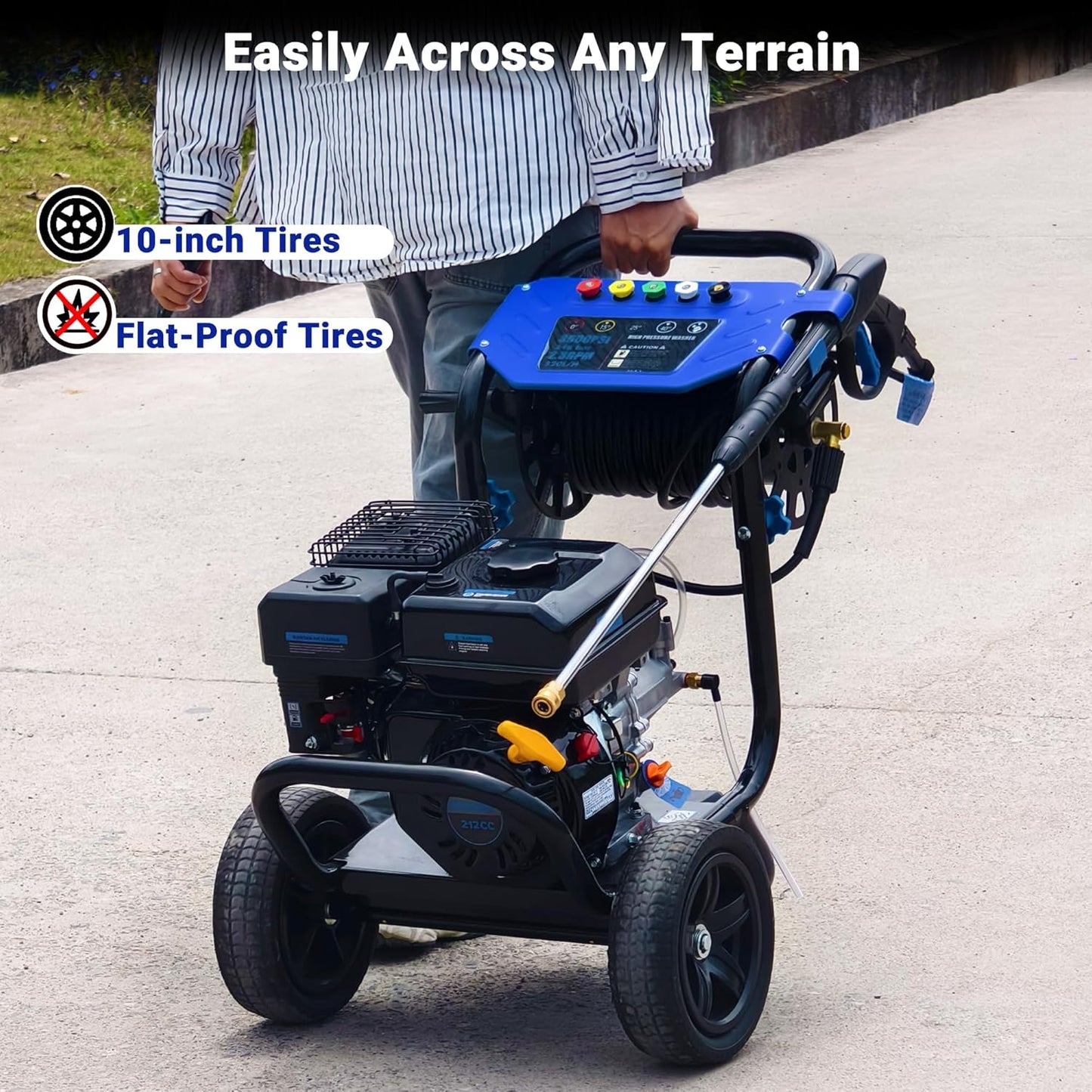 3600 PSI Gas Pressure Washer, 2.3 GPM Heavy-Duty Power Cleaner with 212CC Engine, 5 Quick-Connect Nozzles, 30FT Hose & Reel, Maintenance-Free Axial Cam Pump, for Commercial, Home Cleaning