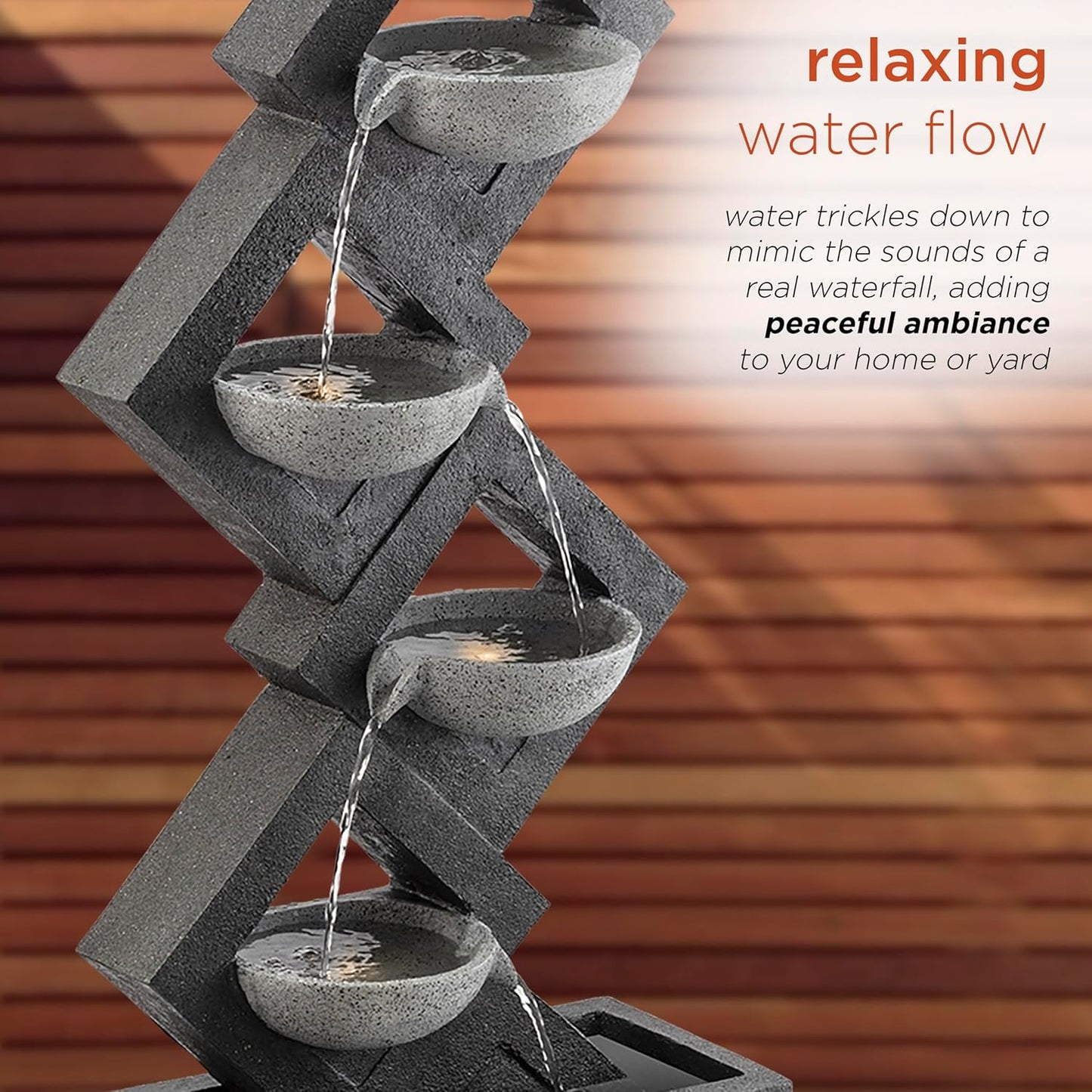 Alpine Corporation GIL1642 Outdoor Floor 4-Tiered Stone-Inspired Waterfall Fountain with LED Lights, 39", Gray