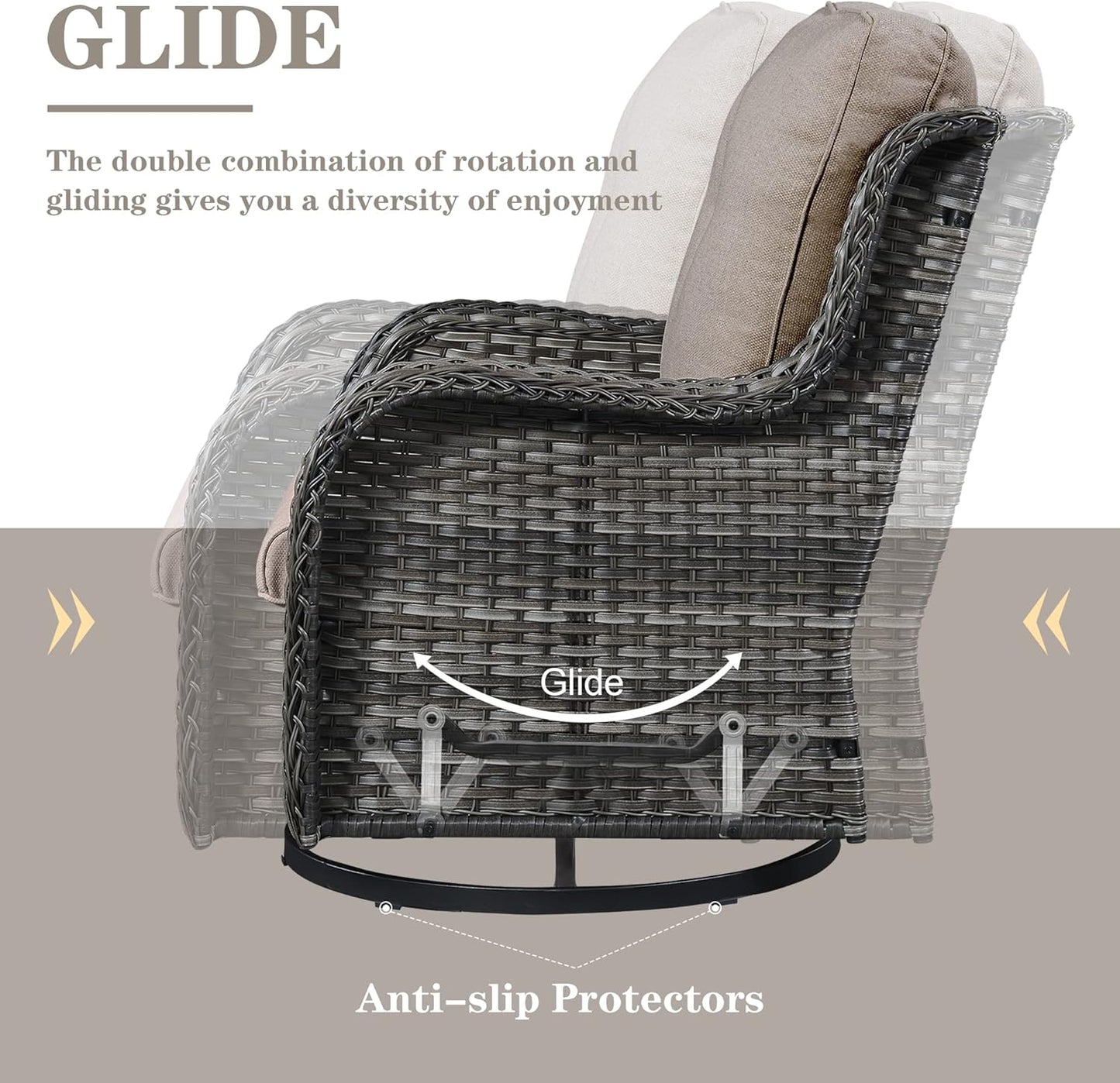 5 Piece Outdoor Patio Furniture Set - Wicker Furniture Patio Conversation Set, Outdoor Swivel Rocker Chairs with 3-Seater Sofa and 2 Ottomans for Small Space, Gray Cushion