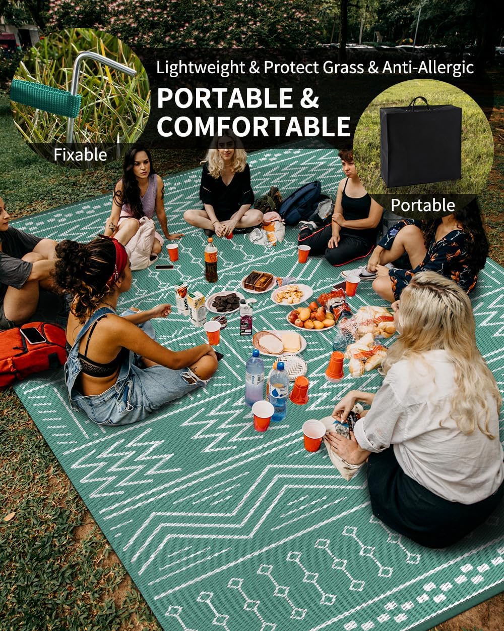 Outdoor Rug Carpet Waterproof 6x9 ft Patio Rug Mat Indoor Outdoor Area Rug for RV Camping Picnic Reversible Lightweight Plastic Straw Outside Rug for Patio Decor Decoration Boho Rug Turquoise White