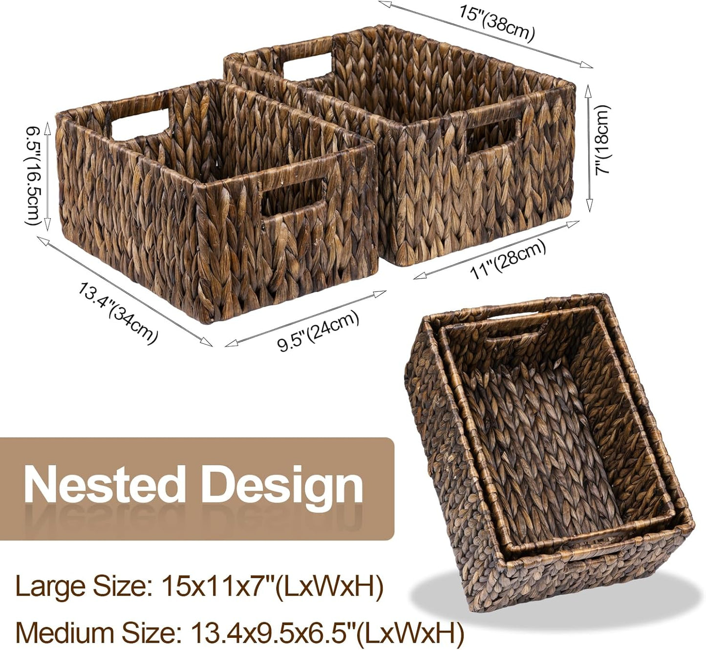 FairyHaus Wicker Basket with Handle 2Pack-15x11x7" & 13.4x9.5x6.5", Brown Water Hyacinth Wicker Baskets for Storage, Natural Hand Woven Baskets for Organizing