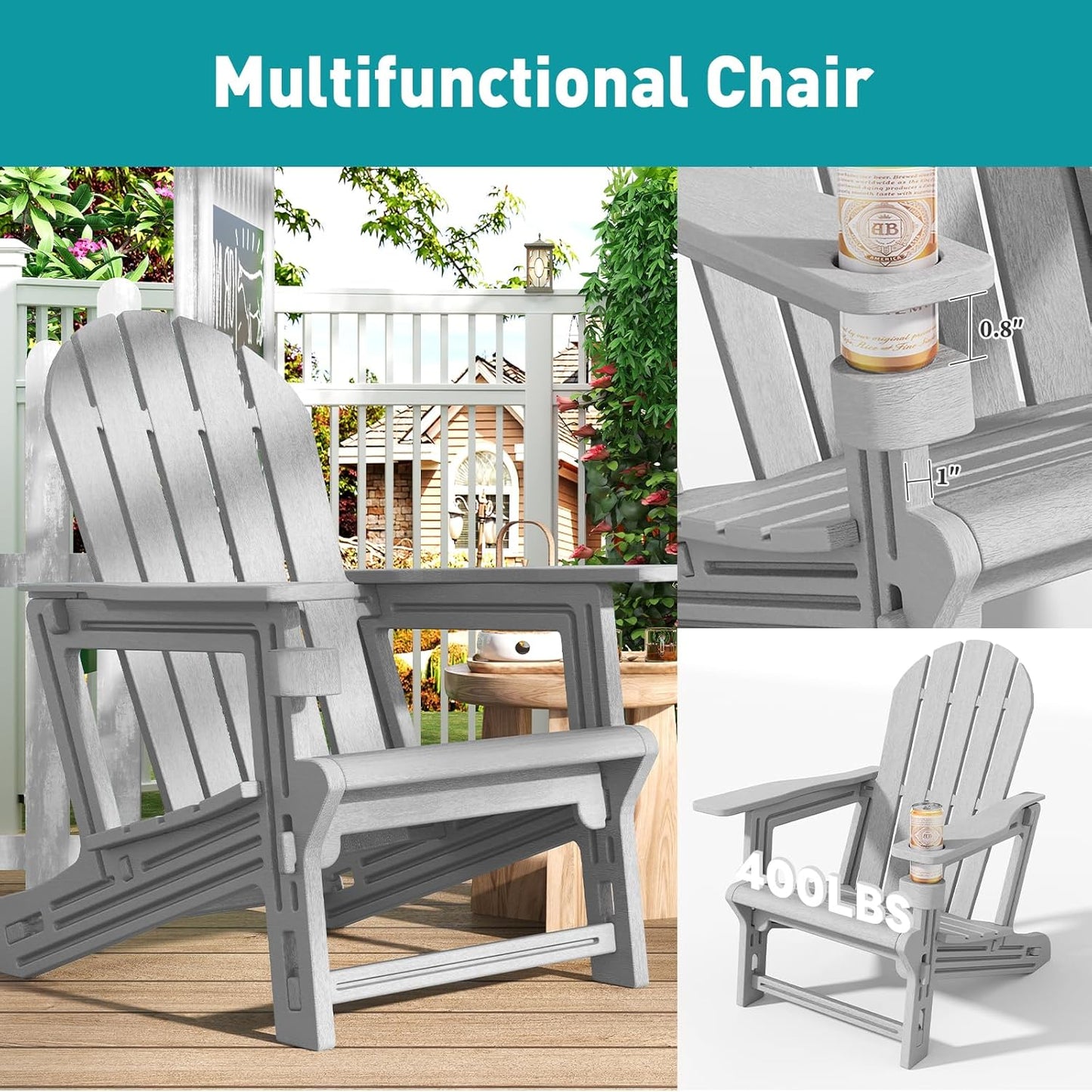 Adirondack Chairs Set of 2, Tool-Free Assembly All-Weather Plastic Adirondack Chairs, HDPE Fire Pit Chairs with Cup Holder, Outdoor Chair for Patio Garden (Grey)