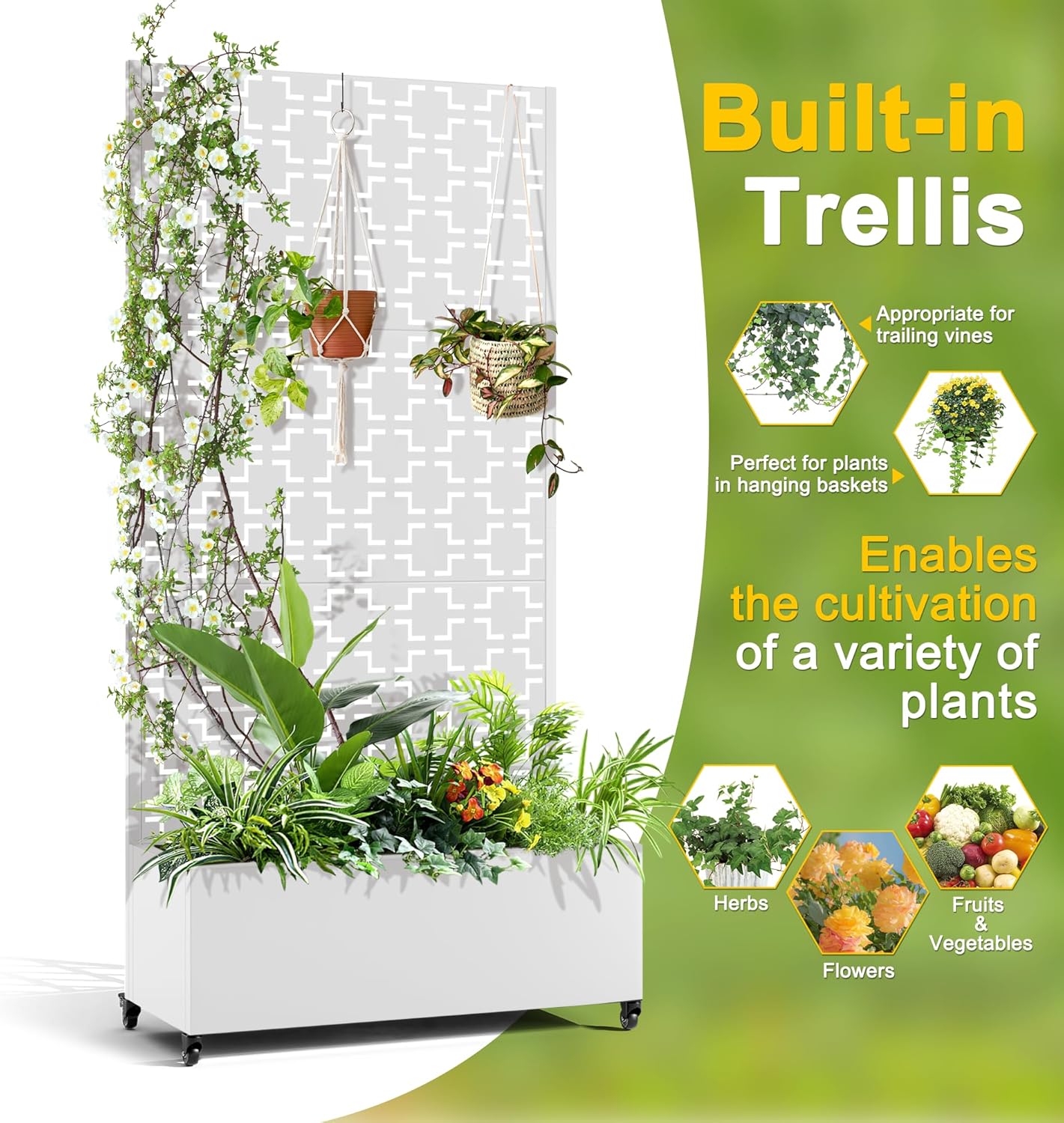 FENCY Metal Raised Garden Bed with Wheels and Trellis,73"x35"x16" Planter Box for Climbing Plants, Vegetables & Vines, Features Privacy Screen and Drainage Holes (White-Square)