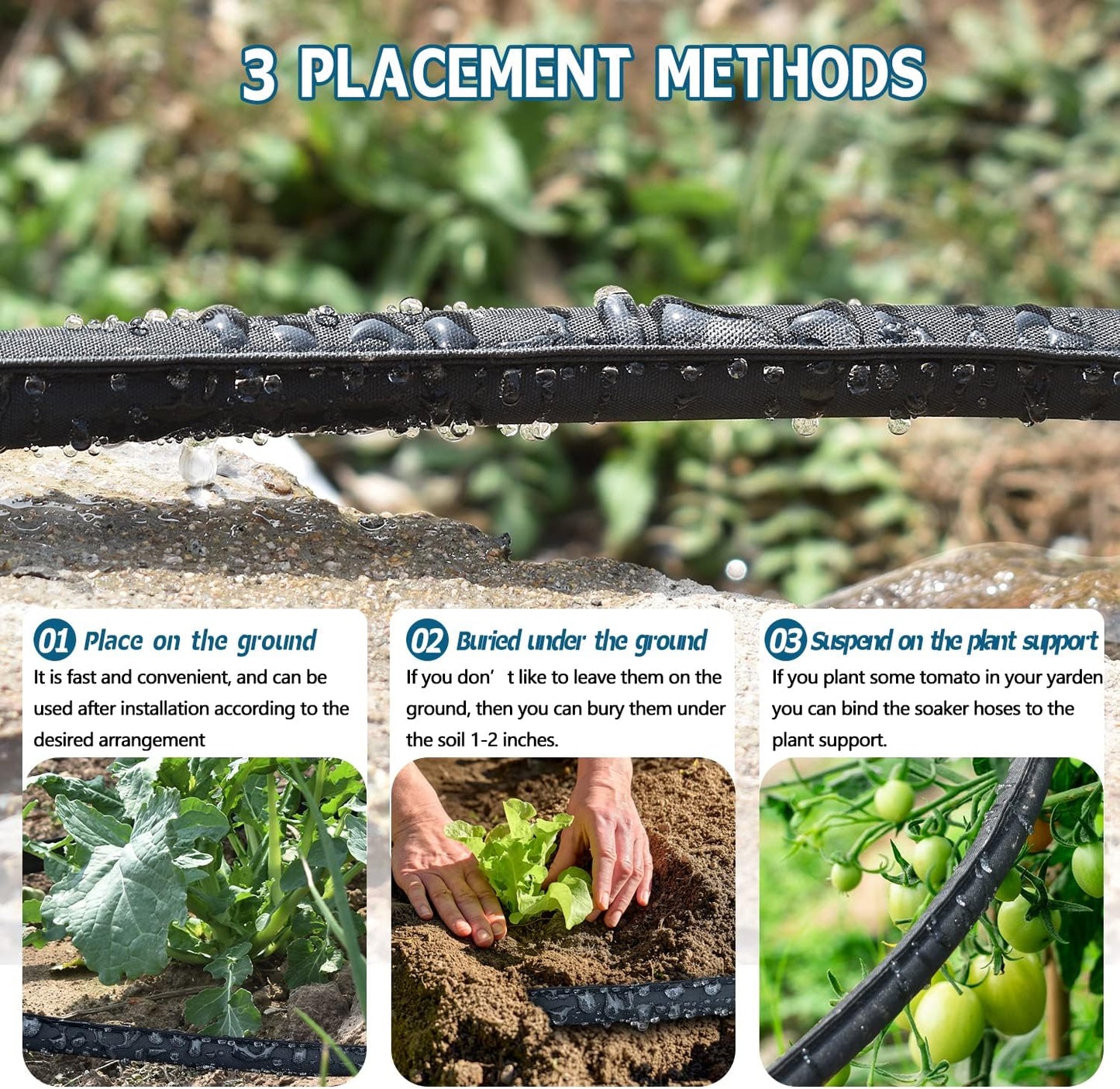 3 Pack Flat Soaker Hose 50 ft for Garden Beds, Cloth Soaker Hose 150 ft for Efficient & Effective Watering of Plants – Garden Soaking Drip Hoses Heavy Duty & Easy to Install (50FT 3Pack)