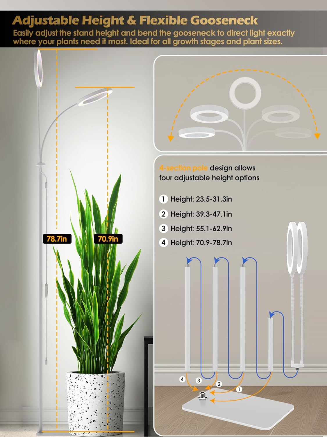 GLOWRIUM Grow Lights for Indoor Plants, 24W Full Spectrum LED Grow Light, Stepless Dimming,3 Lighting Mode and Adjustable Height, Plant Light with 3/9/12/16H Timer (White, 24W)