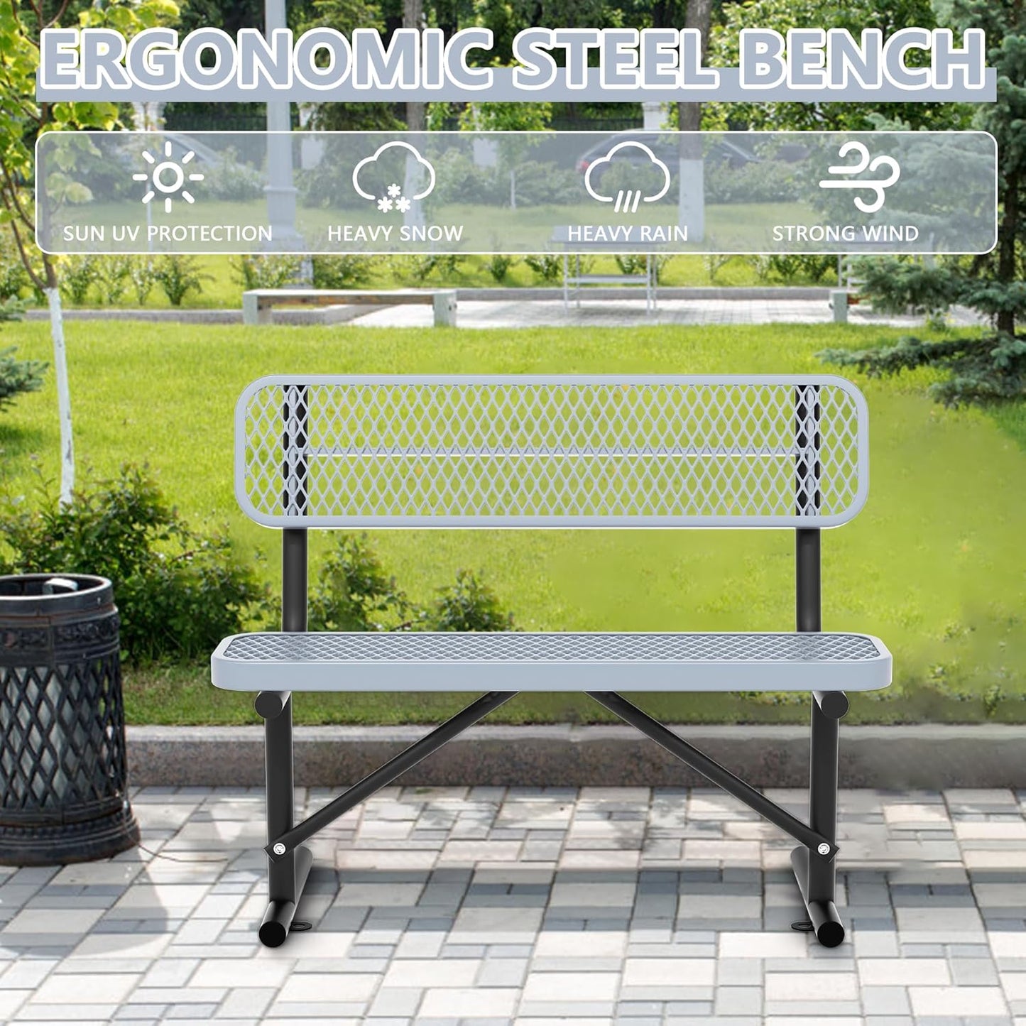 4FT Benches for Outside, Heavy-Duty Outdoor Garden Bench W/Back, Metal Park Bench for Sitting Area, Commercial Bench for Patio Porch Backyard School Sports Church Locker Room Shopping Centers