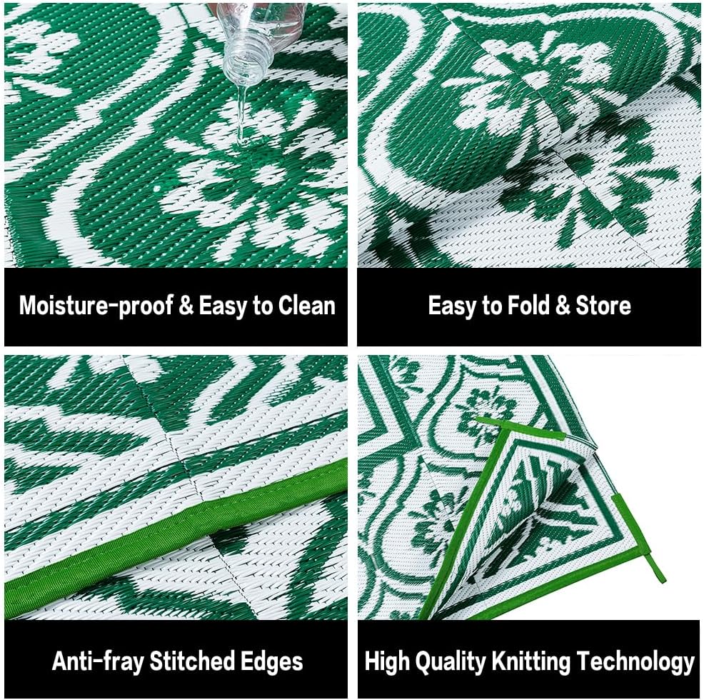 Plastic Outdoor Rug 6'x9' Waterproof Camping Carpet Outside Area Rug Reversible Green Rugs for RV Deck Entryance Porch Picnic Balcony Beach