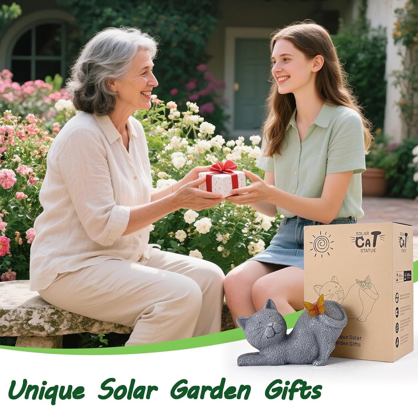 Solar Cat Garden Statue with Glowing Butterfly, Outdoor Resin Cat Figurine with Solar Light, Waterproof Yard Decor for Patio, Lawn, Porch, and Unique Garden Gifts for Cats Lovers