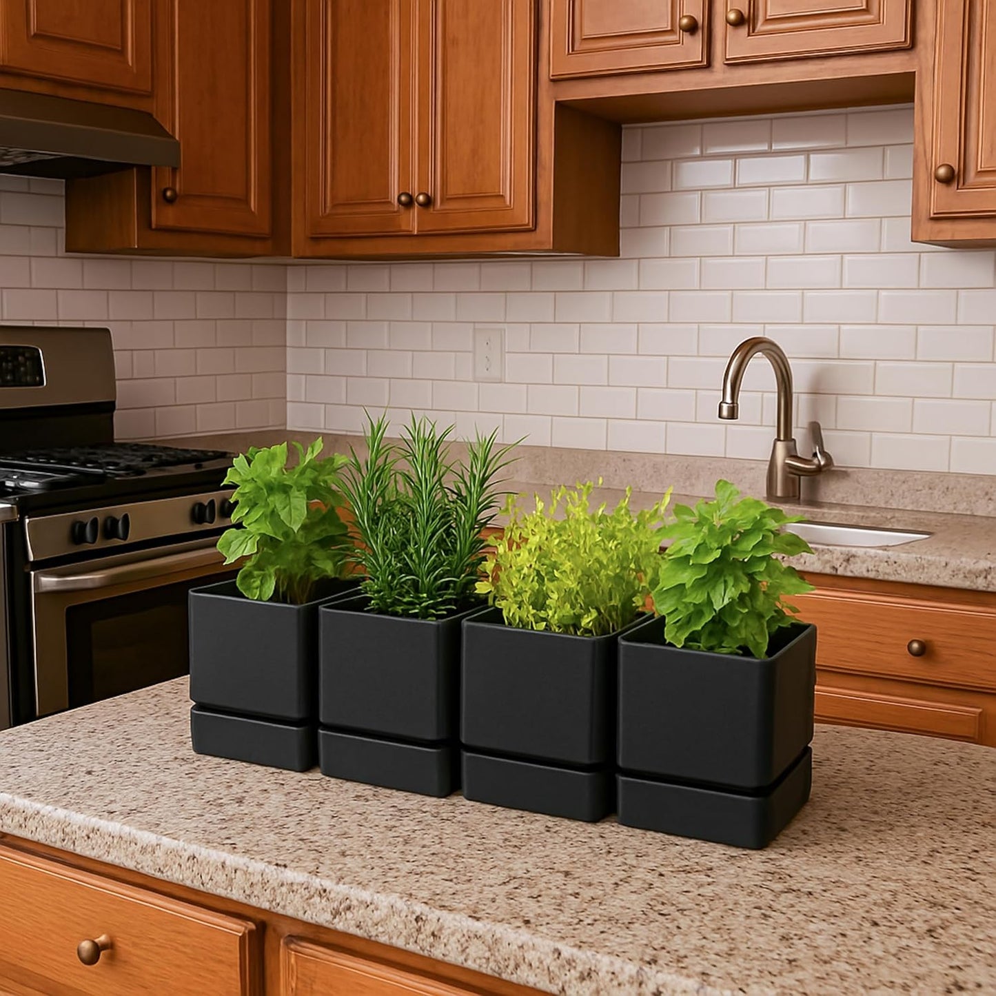 4 Inch Herb Planter Pot, Plastic Planter with Drainage Holes and Saucer, Modern Decorative Gardening Pot for Indoor Plants, Flowers, Herbs, Succulents, Black, Set of 4, 76-Y-B-4