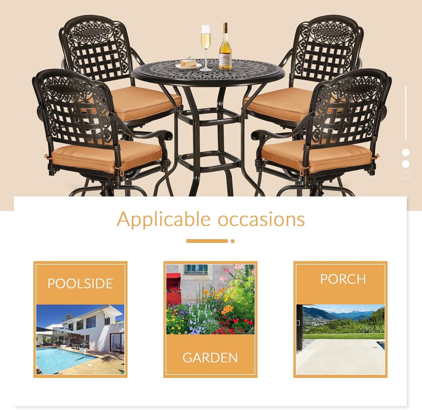 5 Pieces Patio Swivel Bar Set, Patio Bar Table and Chairs Set, All-Weather Cast Aluminum Outdoor Swivel Bar Stools of 4 and 35.4" Bar Table, High Top Bistro Set for Deck, Pool, Garden