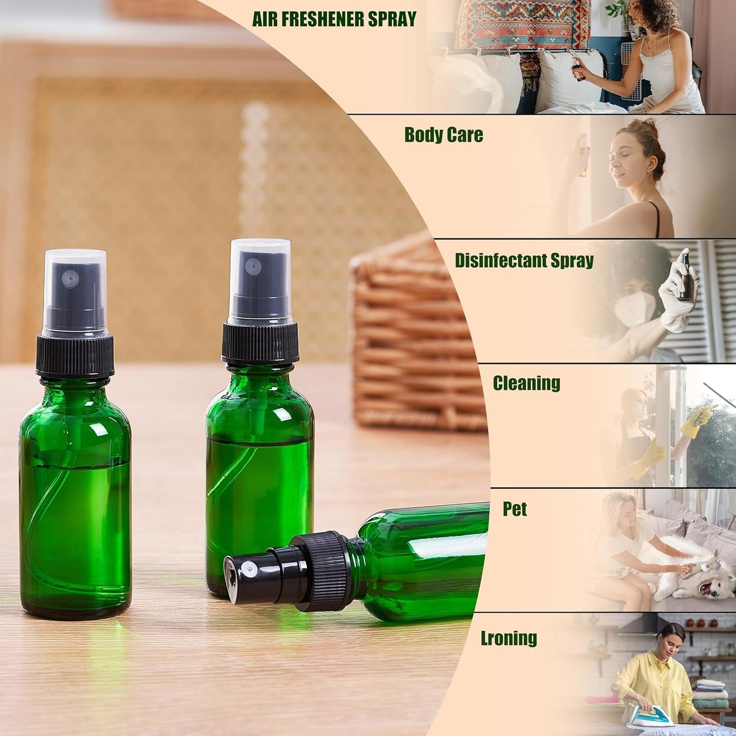 2 oz Glass Spray Bottles, Reusable Fine Mist Sprayer Small Spray Bottle, Leak-Proof Design, Perfect for Travel, Skin Care, Perfumes, Botanical, Cleansing (Green, 2oz-24pcs)