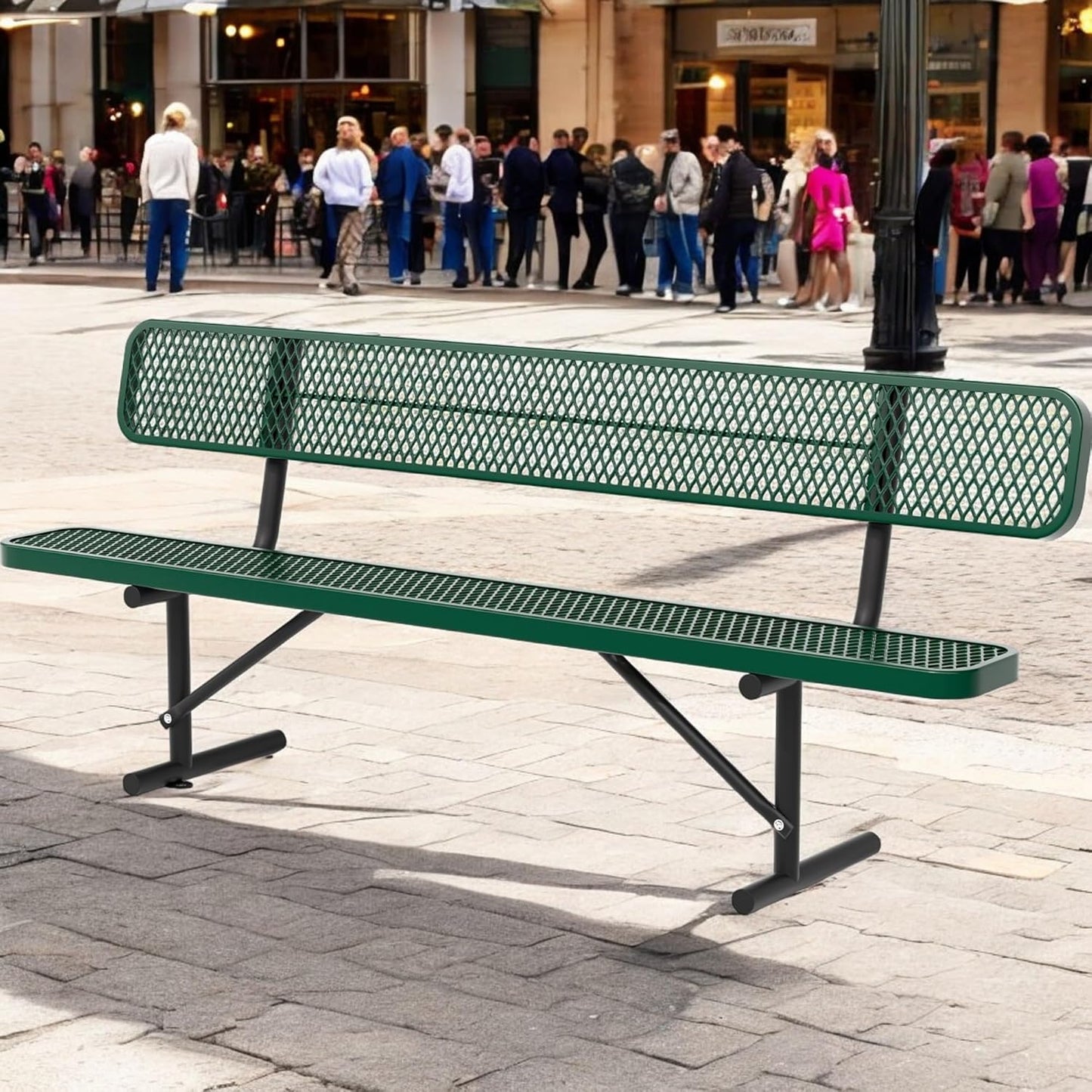 Heavy Duty Park Bench with Back Portable Frame, Outdoor Steel Bench with Backrest, Outdoor Park Bench Expanded Metal Mesh Bench for Lawn, Park, Deck, Garden, Patio, Porch, Black (Green, 8FT)