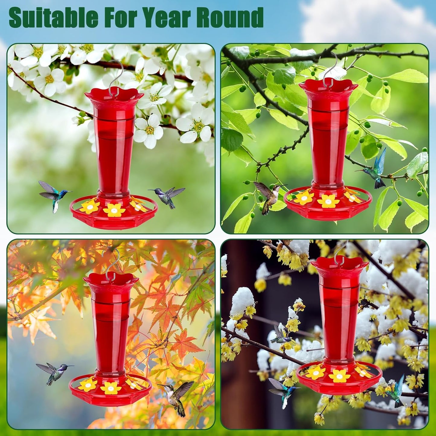 Glass Hummingbird Feeders for Outdoors Hanging Ant and Bee Proof Red 10 OZ Bird Feeders for Outside Hanging 6 Feeding Stations Bird Nectar Feeder for Garden Yard Dรฉcor Gifts for Mom