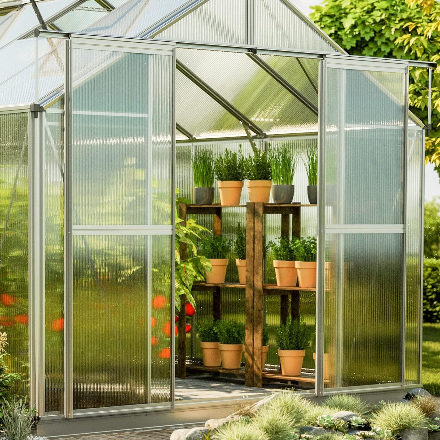 Greenhouse Topas 6 Aluminum Frame 7.4 x 12.6 ft Approx. 8 mm Polycarbonate Panels - with Bonus Base Frame and Automatic Vent Opener