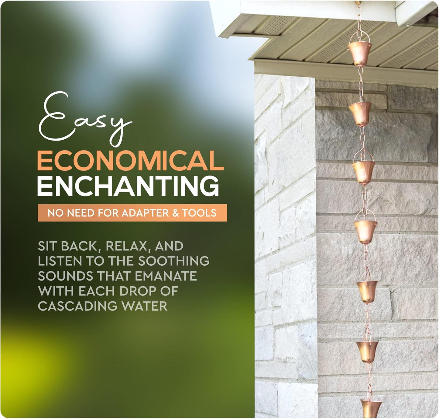 Copper Rain Chain – Decorative Chimes & Cups Replace Gutter Downspout & Divert Water Away from Home for Stunning Fountain Display – 3’ Long for Universal Fit – Bell Style