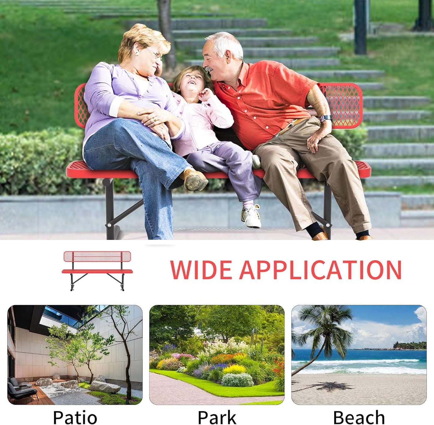 4/6/8 Feet Park Bench for Outside Heavy Duty Metal, Garden Benches Outdoor Bench with Backrest & Portable Frame, for Shopping Malls Stores Parks Patios Decks, Red