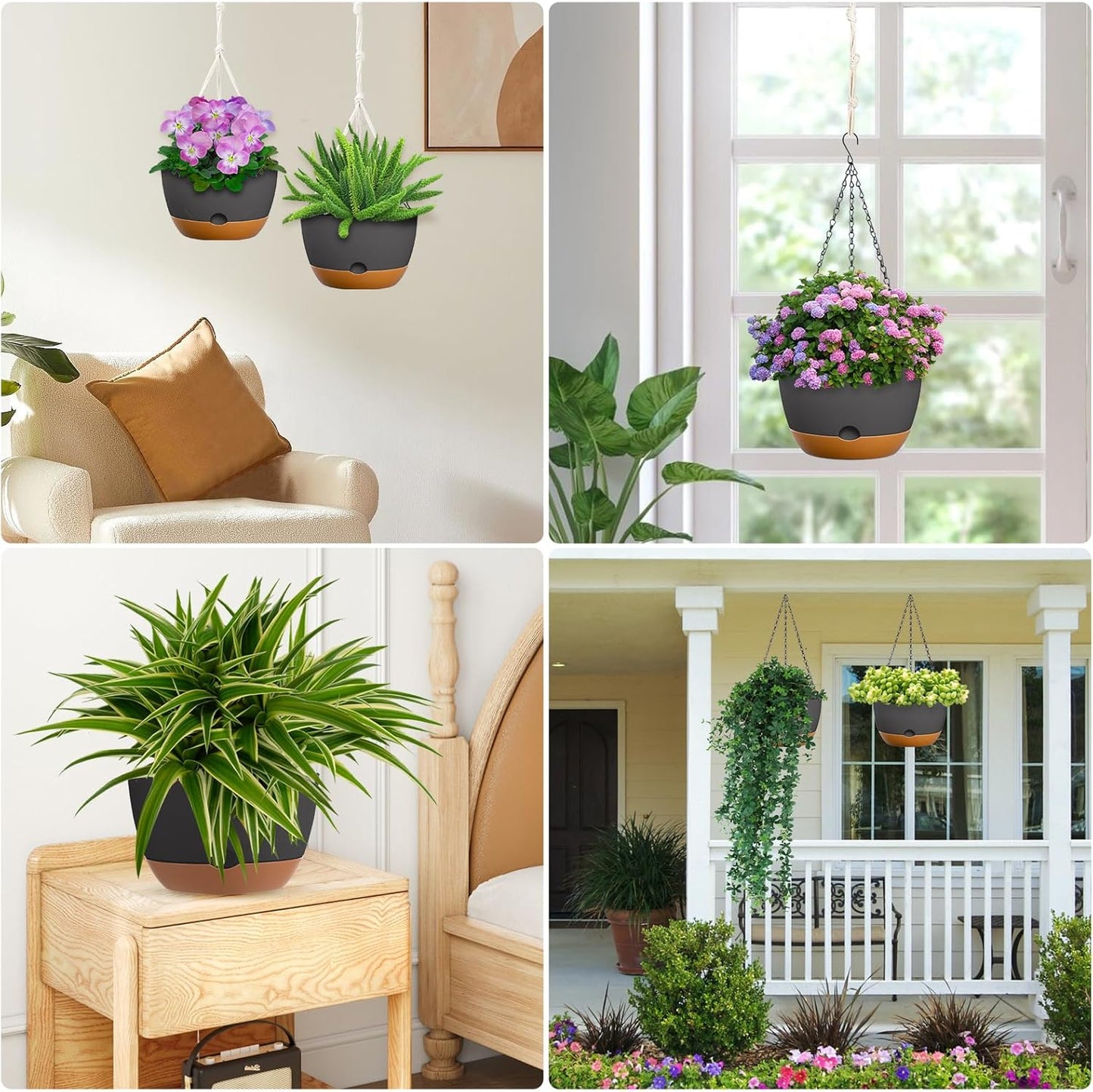 8 Inch Hanging Planters for Indoor & Outdoor Plants (2 Pack) - Self-Watering & Drainage Flower Pots with 2 Kinds of Plant Hangers for Home Decor & Garden (Deep Gray, 8 in)